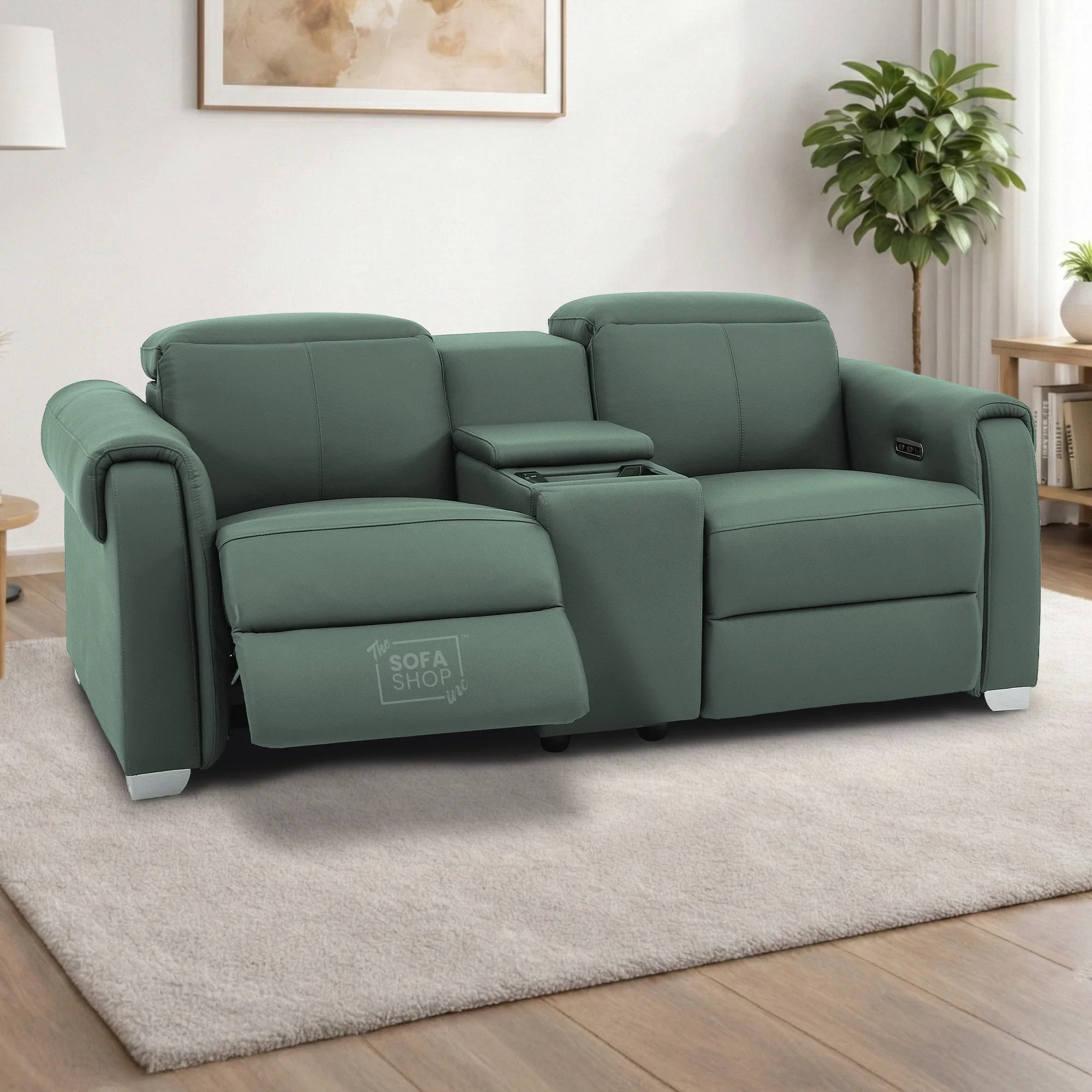 2 Seater Real Leather Electric Recliner Sofa | Cinema Sofa | Hi-Tech Sofa in Green with Massage, Middle Console, Wireless Charging, Adjustable Headrests & USB | Turin | The Sofa Shop