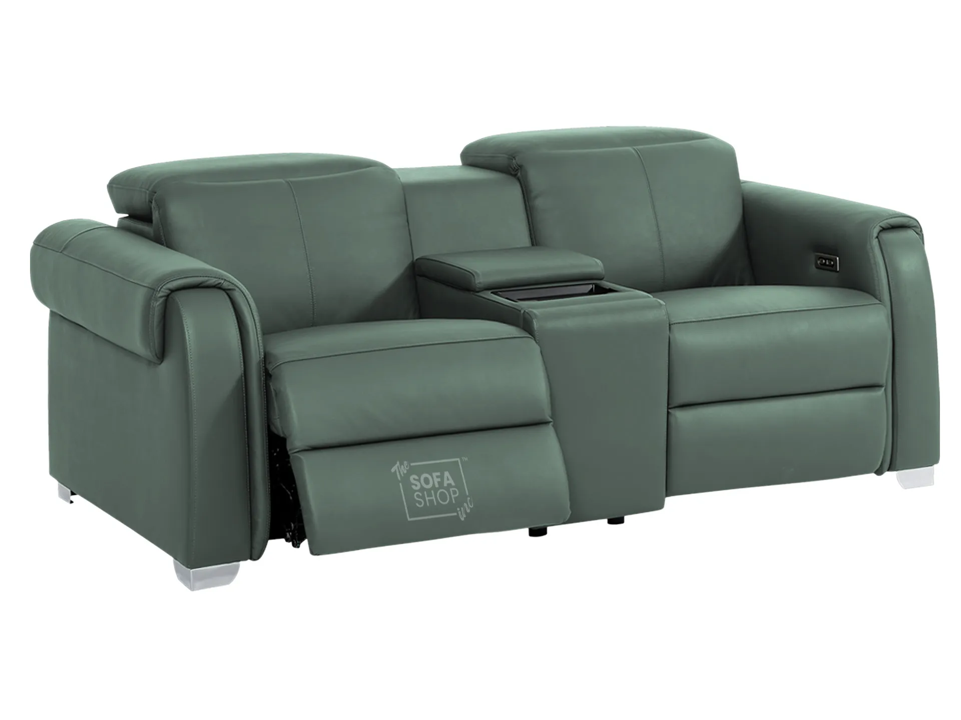 2 Seater Real Leather Electric Recliner Sofa | Cinema Sofa | Hi-Tech Sofa in Green with Massage, Middle Console, Wireless Charging, Adjustable Headrests & USB | Turin | The Sofa Shop - Image 10
