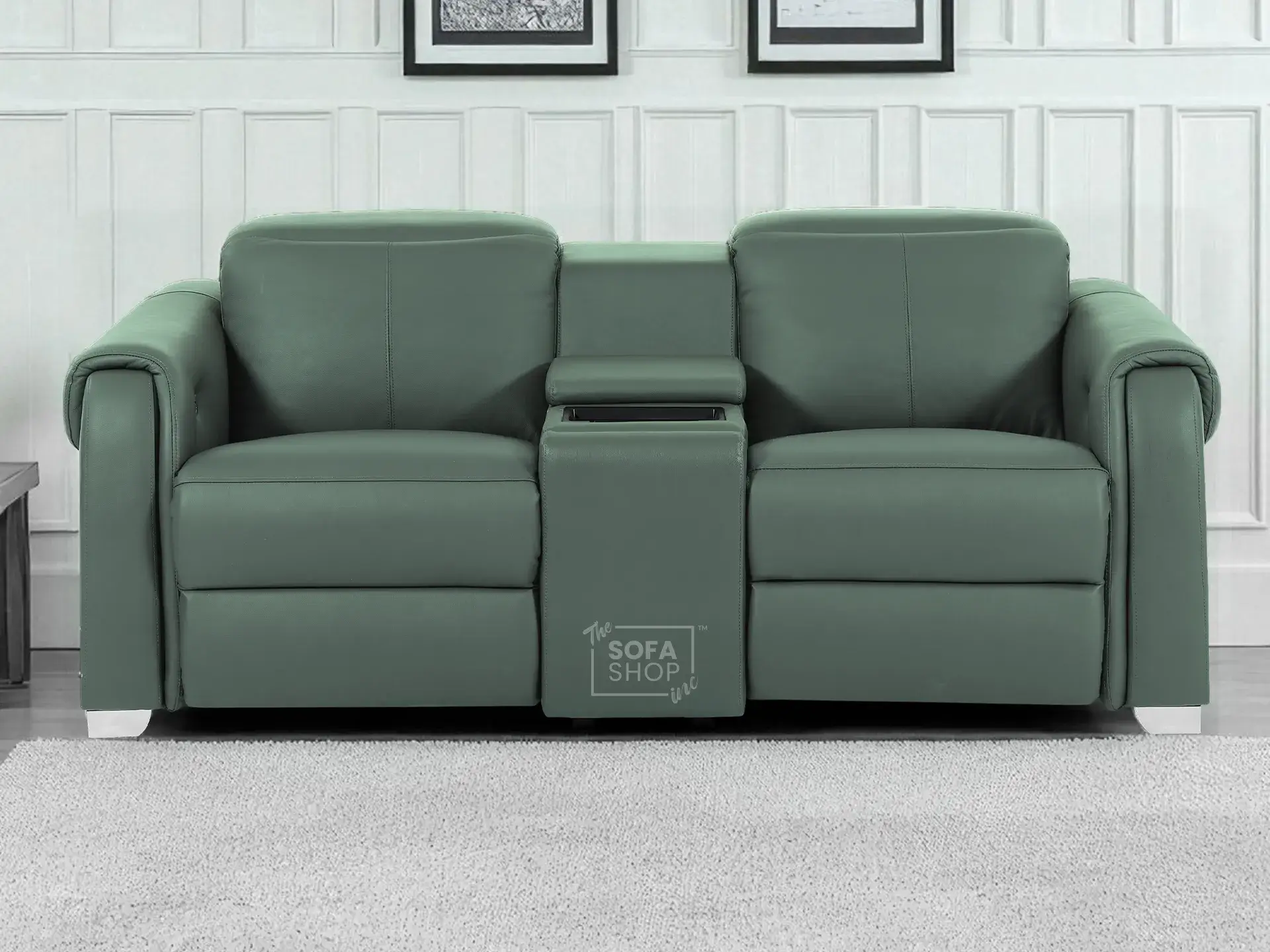 2 Seater Real Leather Electric Recliner Sofa | Cinema Sofa | Hi-Tech Sofa in Green with Massage, Middle Console, Wireless Charging, Adjustable Headrests & USB | Turin | The Sofa Shop - Image 2
