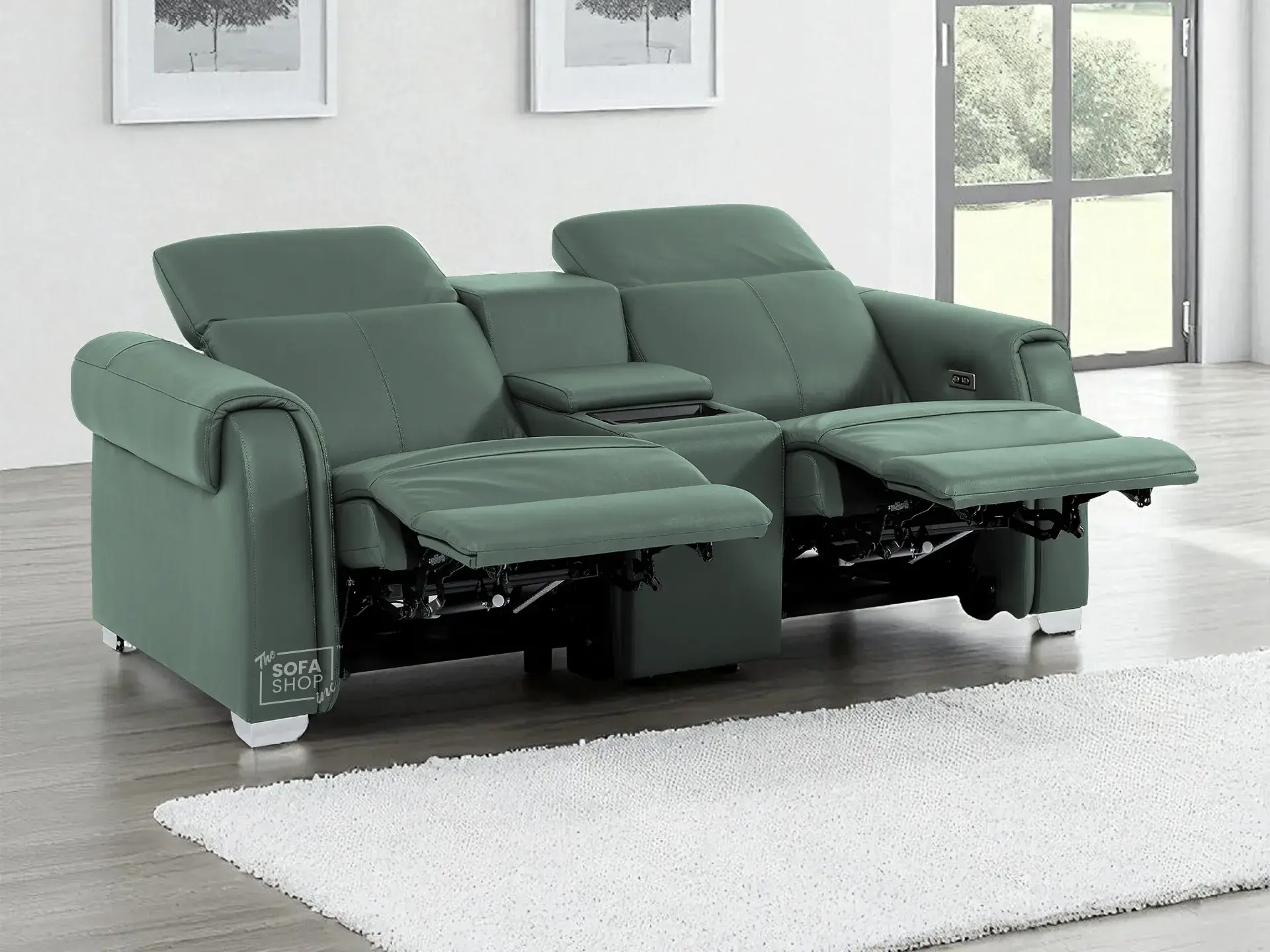 2 Seater Real Leather Electric Recliner Sofa | Cinema Sofa | Hi-Tech Sofa in Green with Massage, Middle Console, Wireless Charging, Adjustable Headrests & USB | Turin | The Sofa Shop - Image 3