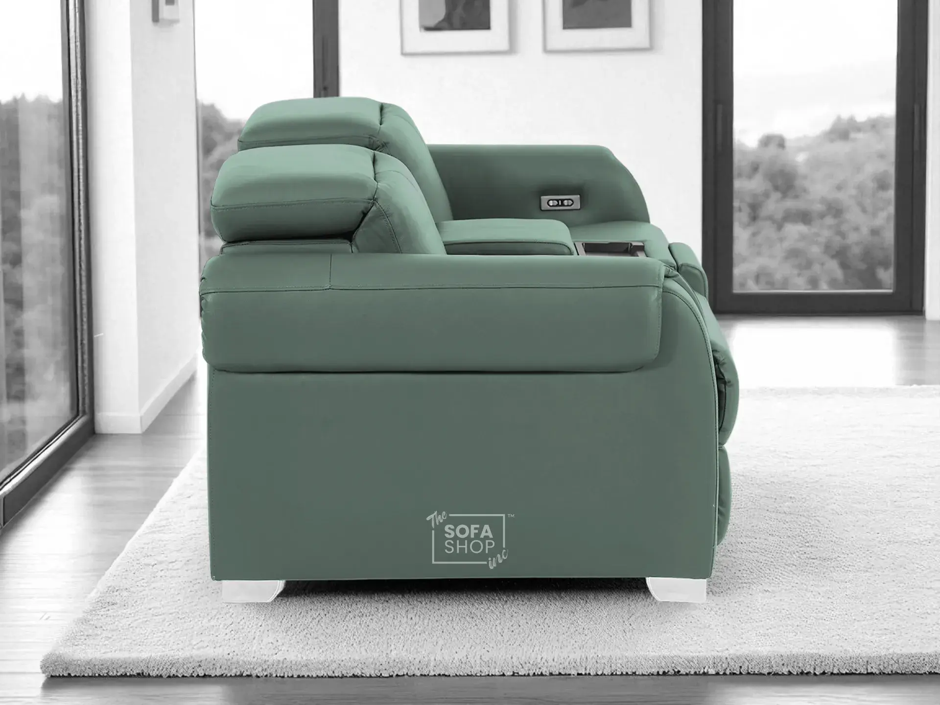 2 Seater Real Leather Electric Recliner Sofa | Cinema Sofa | Hi-Tech Sofa in Green with Massage, Middle Console, Wireless Charging, Adjustable Headrests & USB | Turin | The Sofa Shop - Image 6