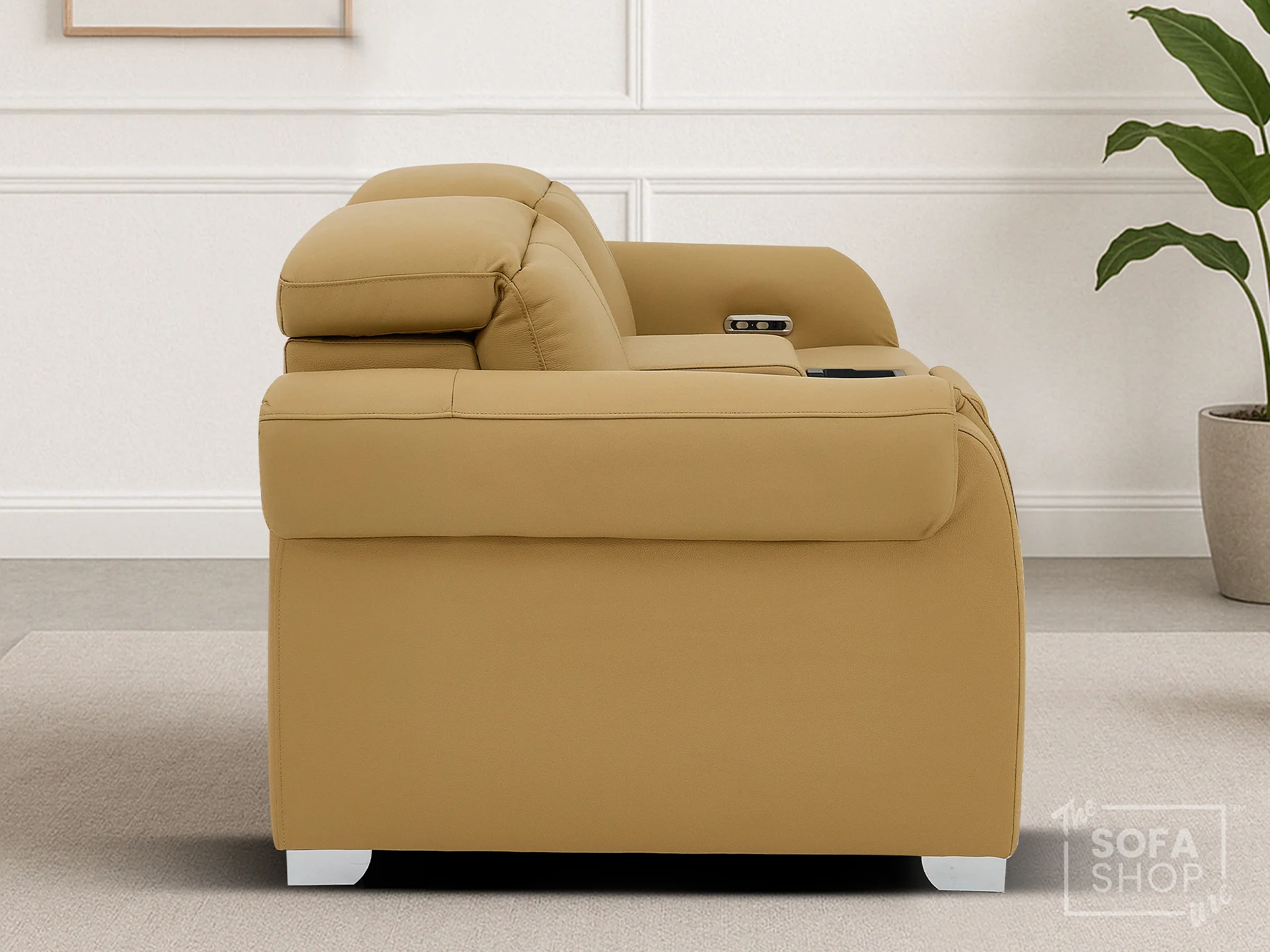 2 Seater Real Leather Electric Recliner Sofa | Cinema Sofa | Hi-Tech Sofa in Tan with Massage, Middle Console, Wireless Charging, Adjustable Headrests & USB | Turin - Image 6