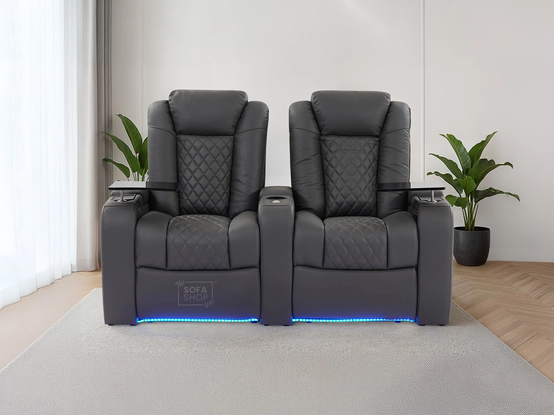2 Seater Grey Real Leather Electric Recliner Cinema Sofa | Power Headrest, Bluetooth Speakers, Wireless Charging & Cooling Cup Holders | Milano | The Sofa Shop - Image 3
