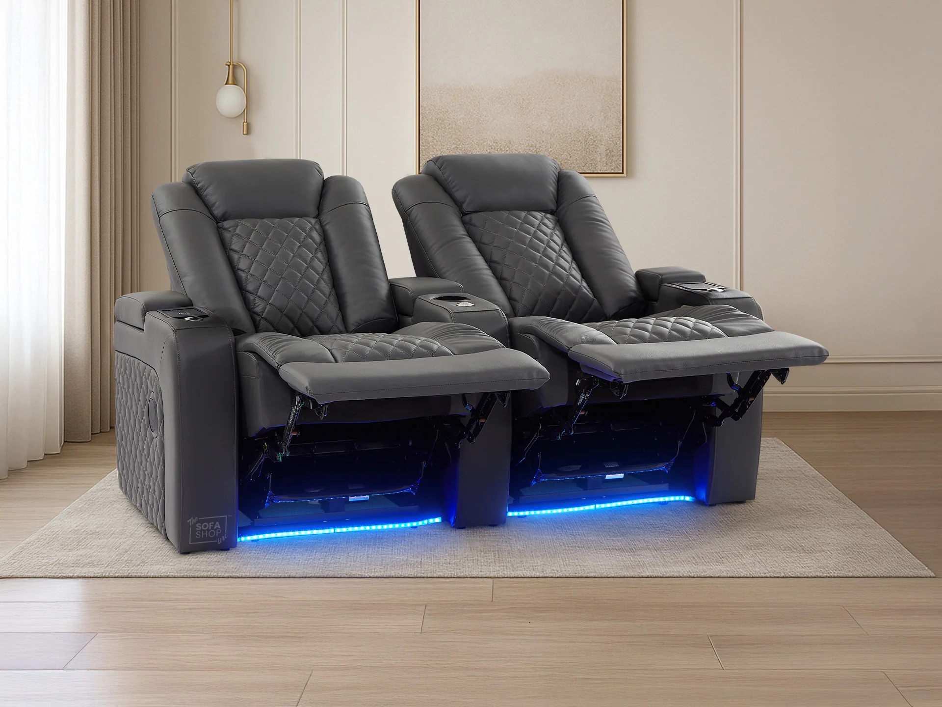 2 Seater Grey Real Leather Electric Recliner Cinema Sofa | Power Headrest, Bluetooth Speakers, Wireless Charging & Cooling Cup Holders | Milano | The Sofa Shop - Image 4