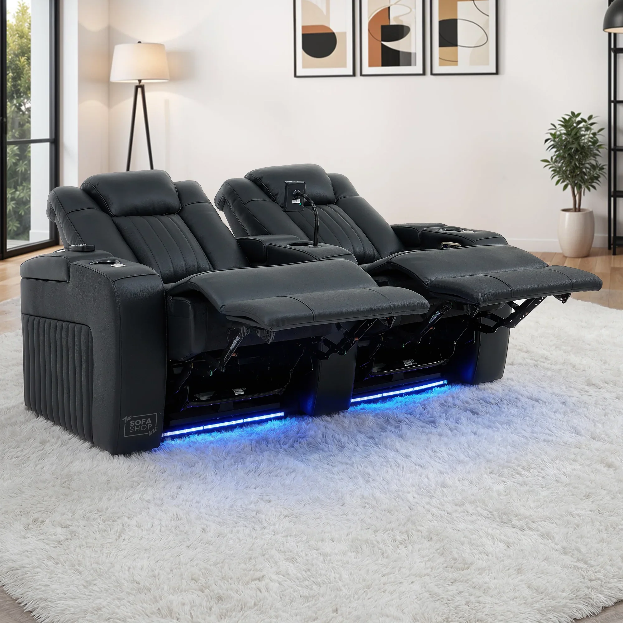 2 Seater Real Leather Power Reclining Cinema Sofa in Black with Console, USB Ports, Mild Heated Lumbar, Table, Cup Holders, Storage & Massage | Capri | The Sofa Shop - Image 3