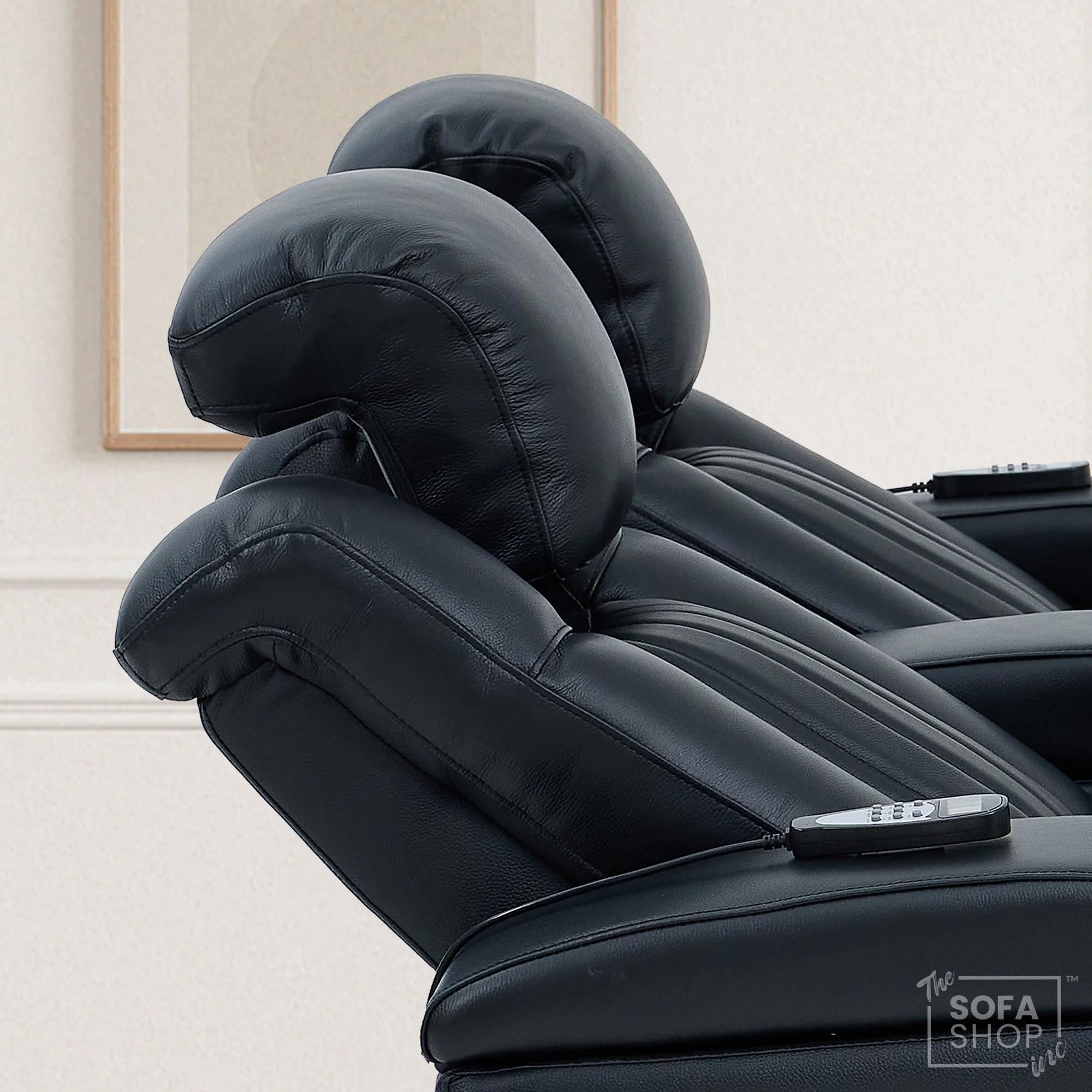 2 Seater Real Leather Power Reclining Cinema Sofa in Black with Console, USB Ports, Mild Heated Lumbar, Table, Cup Holders, Storage & Massage | Capri | The Sofa Shop - Image 4