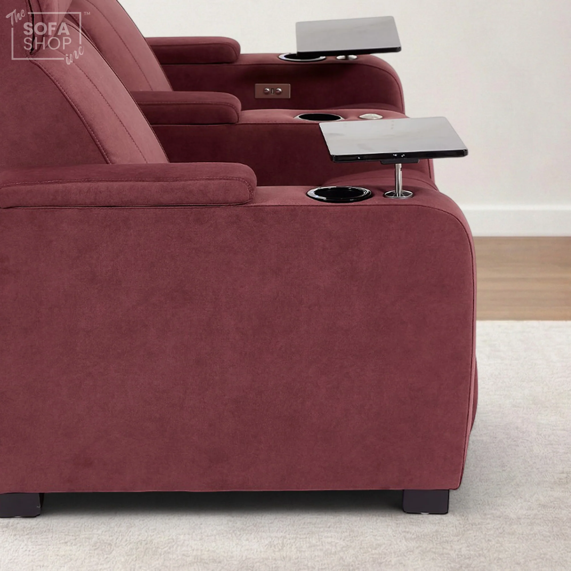 2 Seater Reclining Sofa with Electric Reclining, Massage, USB Ports, Cooling Cup Holders, Storage Boxes & LED Lights | Purple Velvet Fabric Sofa | Rimini | The Sofa Shop - Image 14