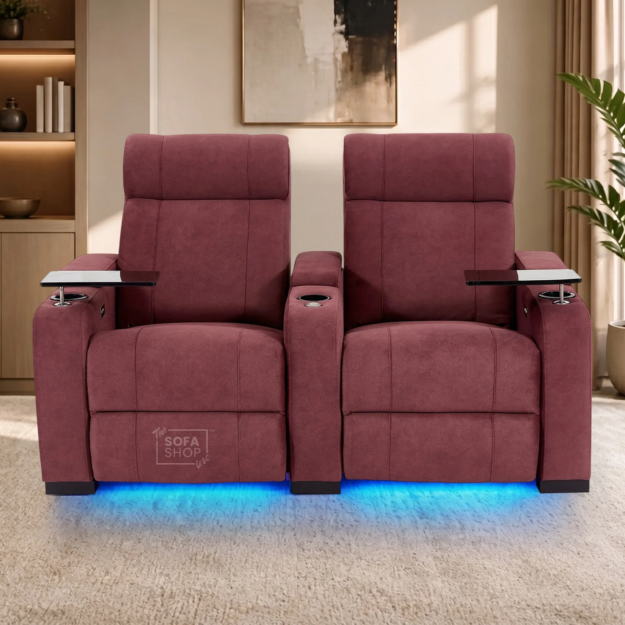 2 Seater Reclining Sofa with Electric Reclining, Massage, USB Ports, Cooling Cup Holders, Storage Boxes & LED Lights | Purple Velvet Fabric Sofa | Rimini | The Sofa Shop - Image 3