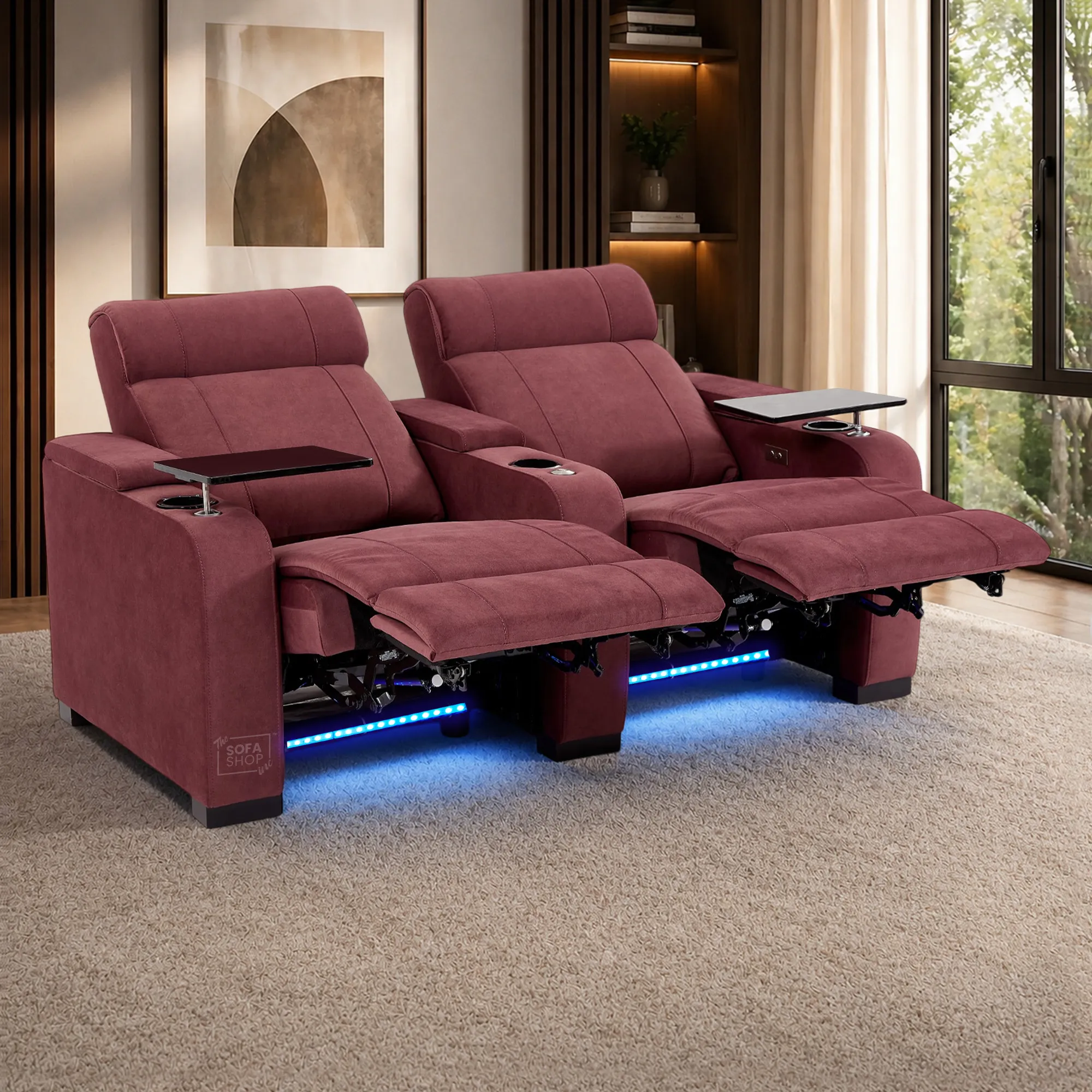 2 Seater Reclining Sofa with Electric Reclining, Massage, USB Ports, Cooling Cup Holders, Storage Boxes & LED Lights | Purple Velvet Fabric Sofa | Rimini | The Sofa Shop - Image 4