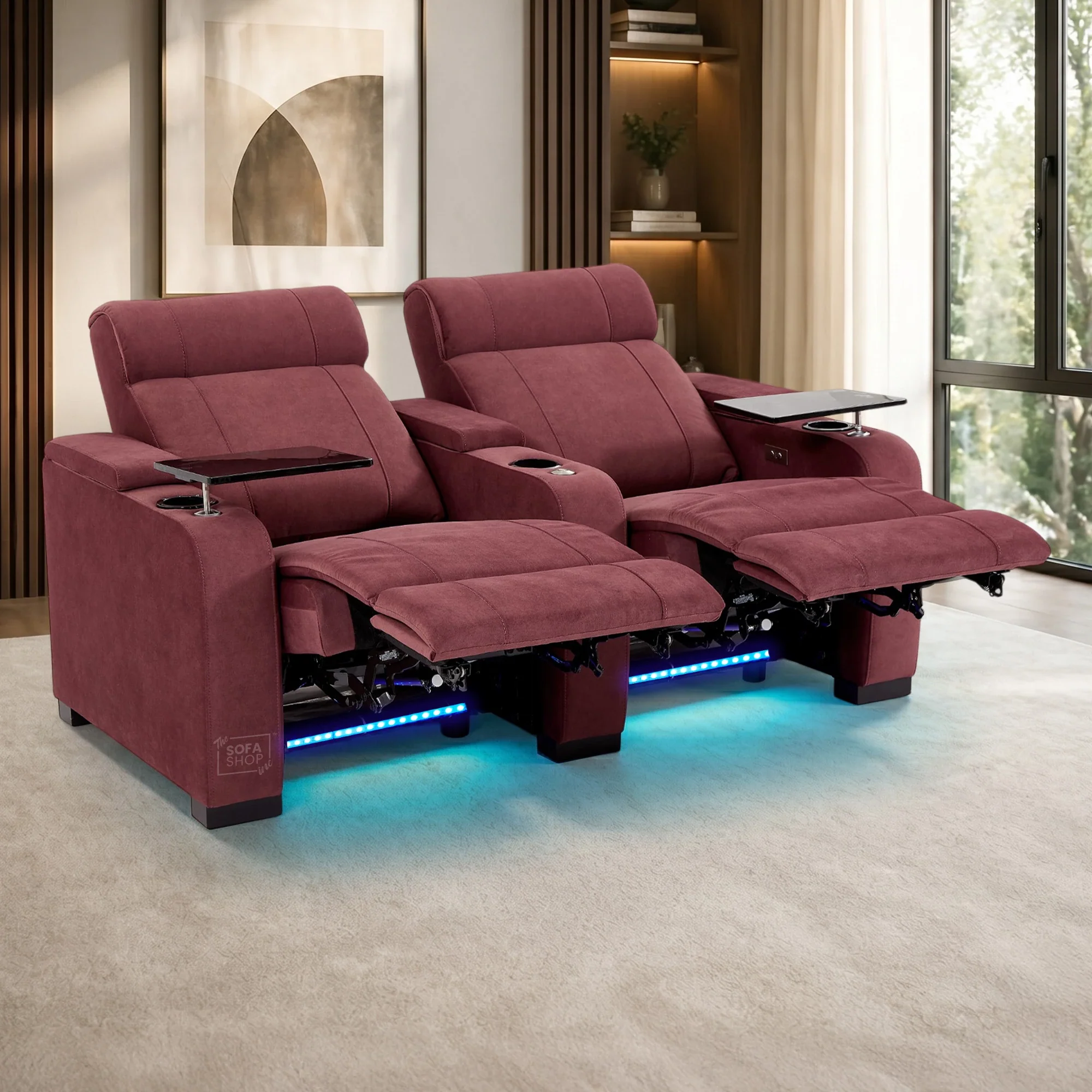 2 Seater Reclining Sofa with Electric Reclining, Massage, USB Ports, Cooling Cup Holders, Storage Boxes & LED Lights | Purple Velvet Fabric Sofa | Rimini | The Sofa Shop - Image 5