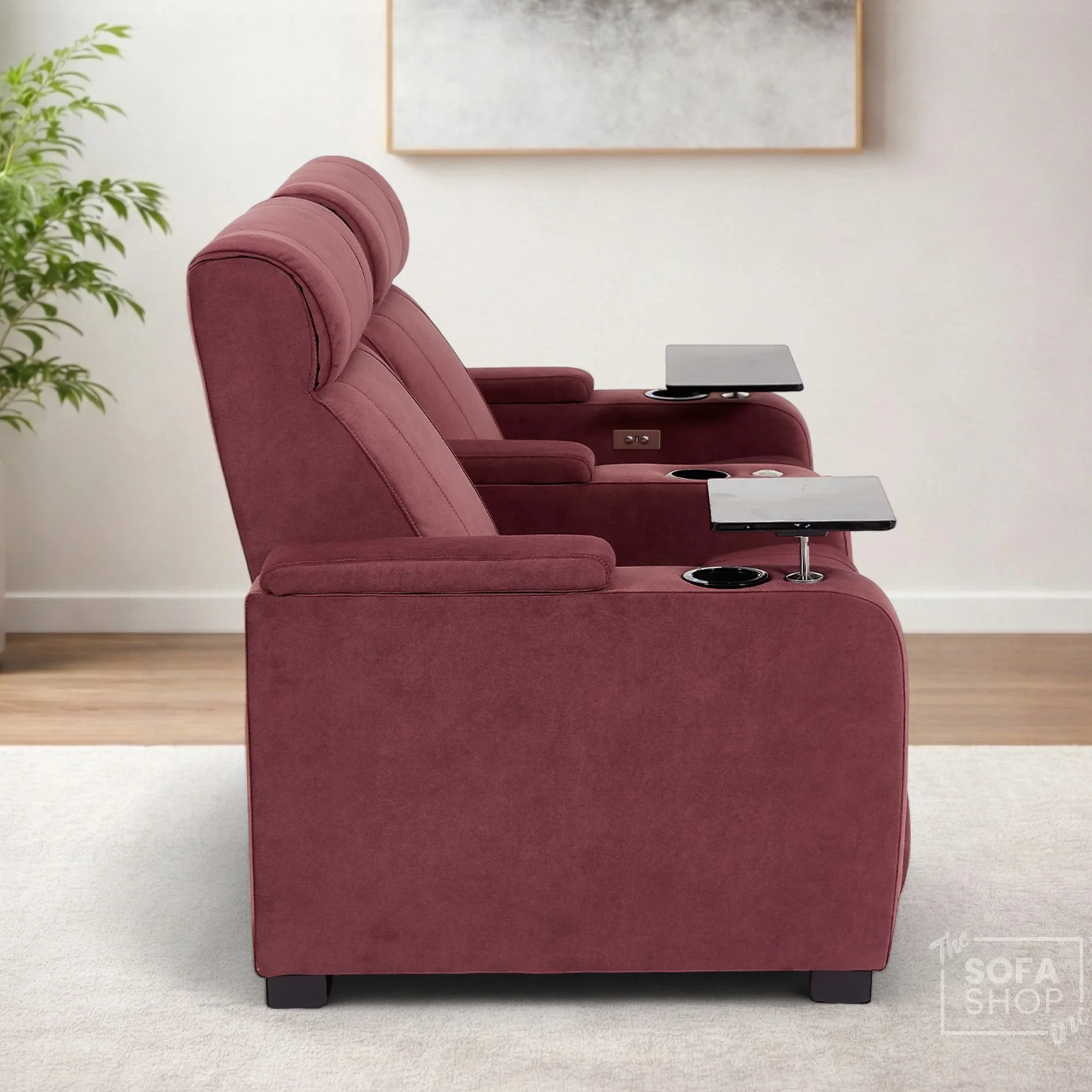 2 Seater Reclining Sofa with Electric Reclining, Massage, USB Ports, Cooling Cup Holders, Storage Boxes & LED Lights | Purple Velvet Fabric Sofa | Rimini | The Sofa Shop - Image 7