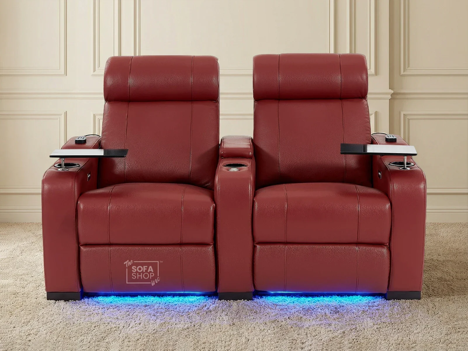 2 Seater Real Leather Electric Recliner Cinema Sofa in Red | Hi-Tech Cinema Sofa With Massage, Tray Tables & Cooling Cup Holders + USB Ports | Rimini | The Sofa Shop - Image 3