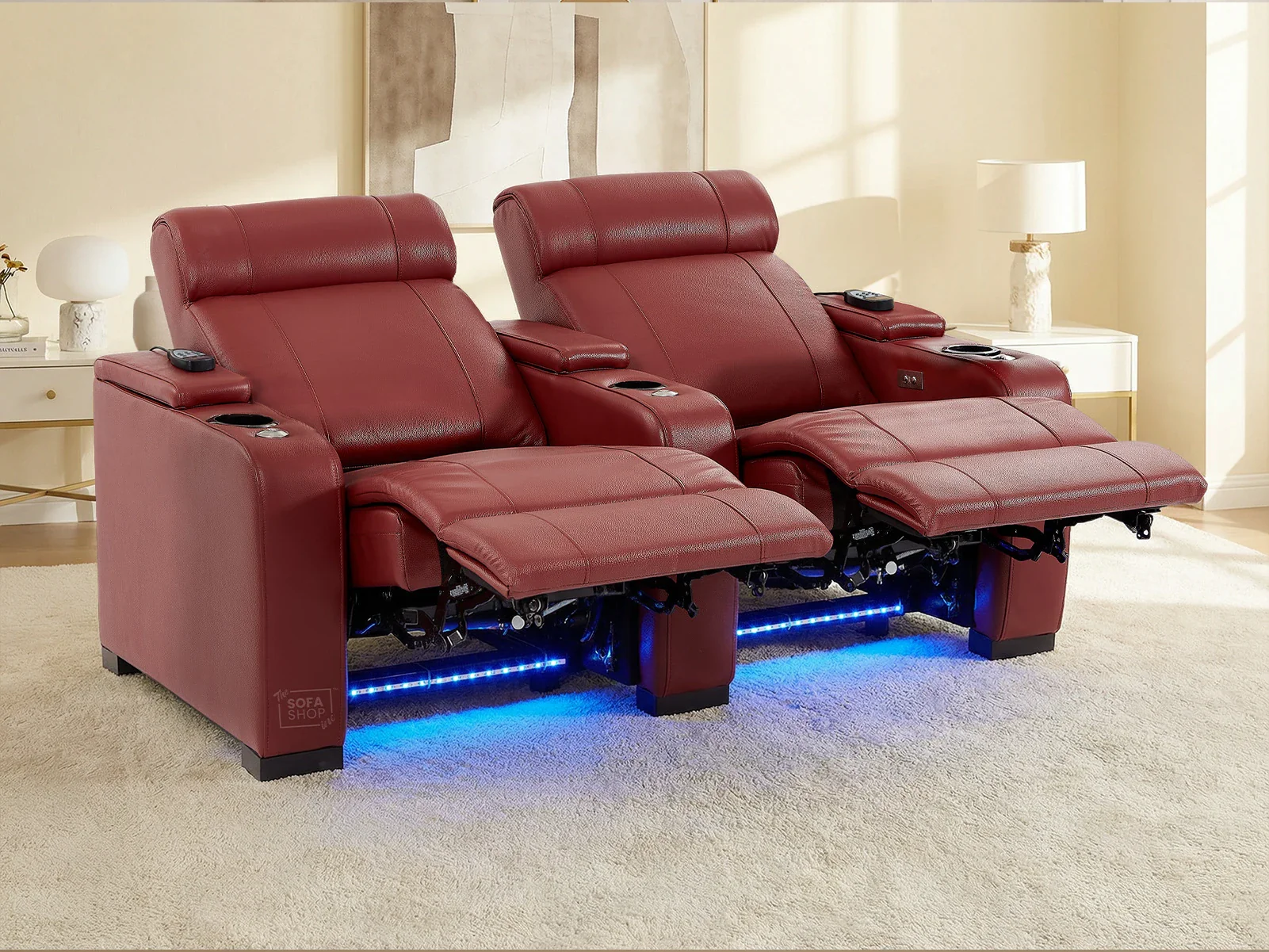 2 Seater Real Leather Electric Recliner Cinema Sofa in Red | Hi-Tech Cinema Sofa With Massage, Tray Tables & Cooling Cup Holders + USB Ports | Rimini | The Sofa Shop - Image 4
