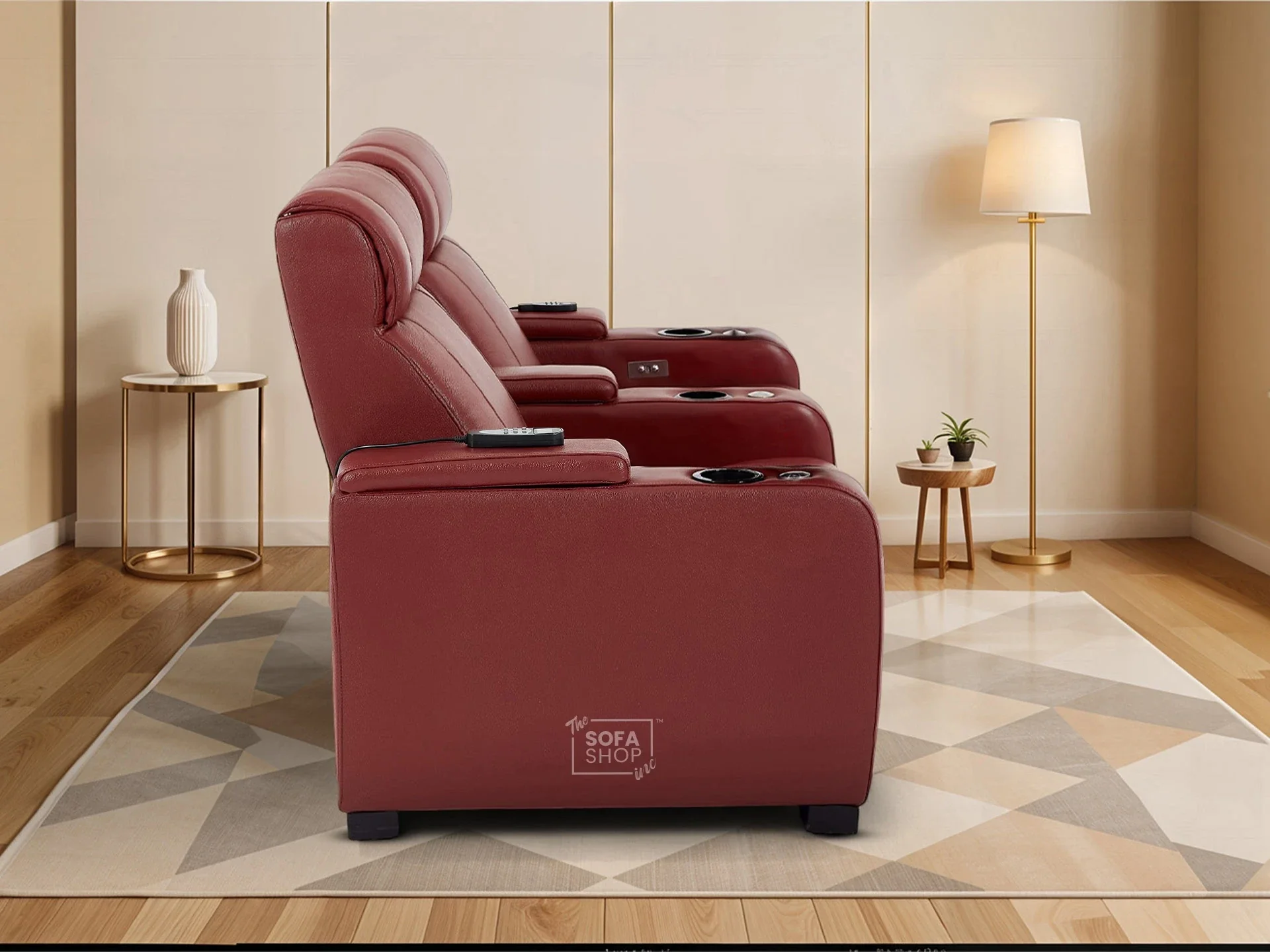 2 Seater Real Leather Electric Recliner Cinema Sofa in Red | Hi-Tech Cinema Sofa With Massage, Tray Tables & Cooling Cup Holders + USB Ports | Rimini | The Sofa Shop - Image 6