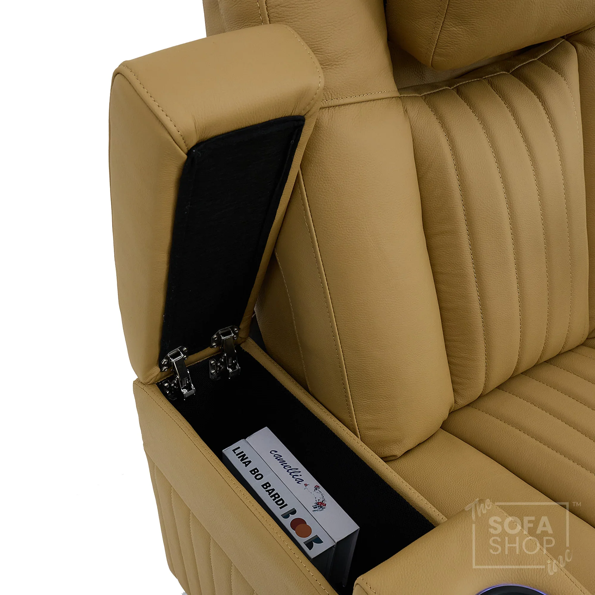 2 Seater Real Leather Electric Recliner Cinema Sofa in Tan | Recliner Settee With Massage, Power Headrests, Power Grommet & Tray Tables | Capri | The Sofa Shop - Image 12
