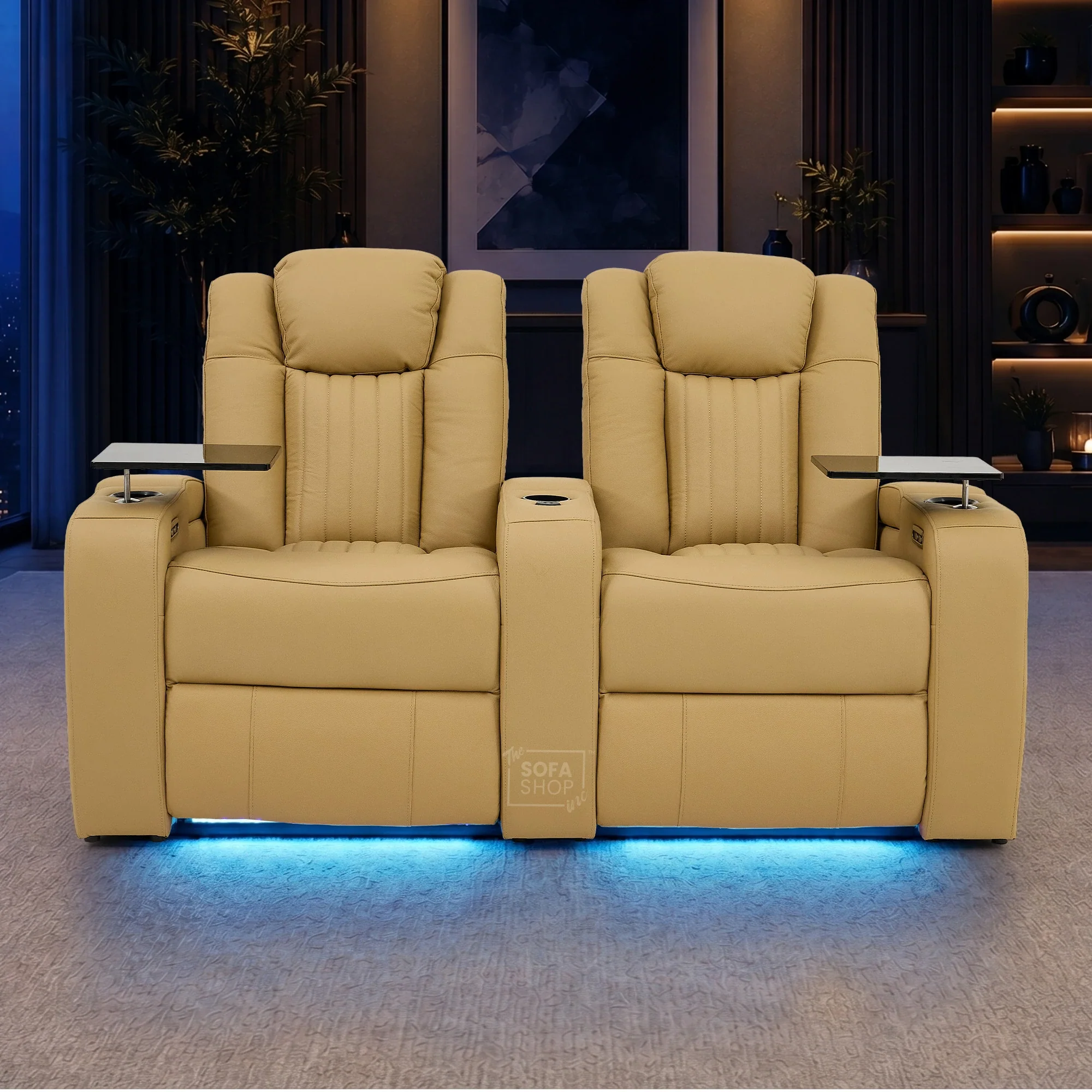 2 Seater Real Leather Electric Recliner Cinema Sofa in Tan | Recliner Settee With Massage, Power Headrests, Power Grommet & Tray Tables | Capri | The Sofa Shop - Image 2