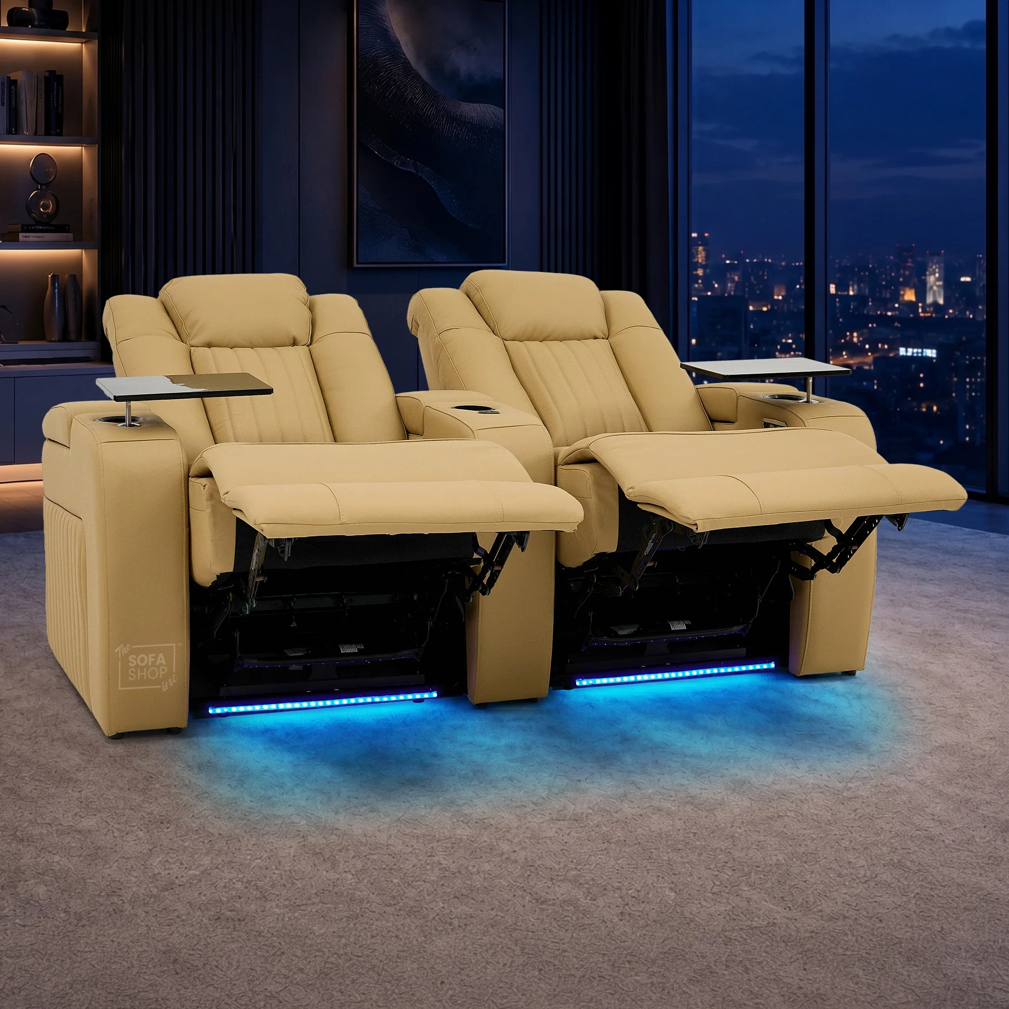 2 Seater Real Leather Electric Recliner Cinema Sofa in Tan | Recliner Settee With Massage, Power Headrests, Power Grommet & Tray Tables | Capri | The Sofa Shop - Image 3