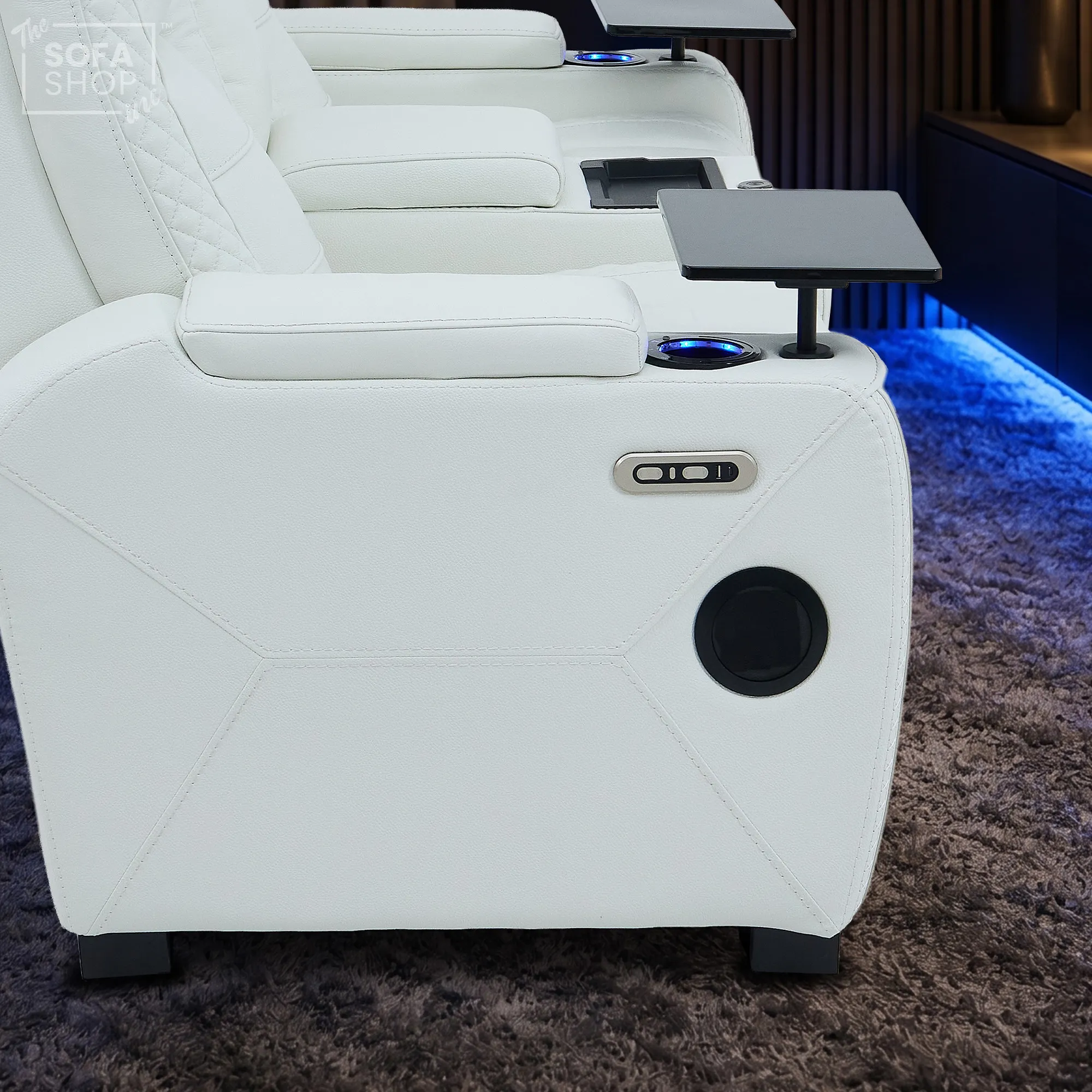 2 Seater Cinema Sofa in White Genuine Leather | Hi-Tech Couch with Power Recline + Power Headrests + Sockets + Speakers + Cooling Cupholders | Napoli | The Sofa Shop - Image 15