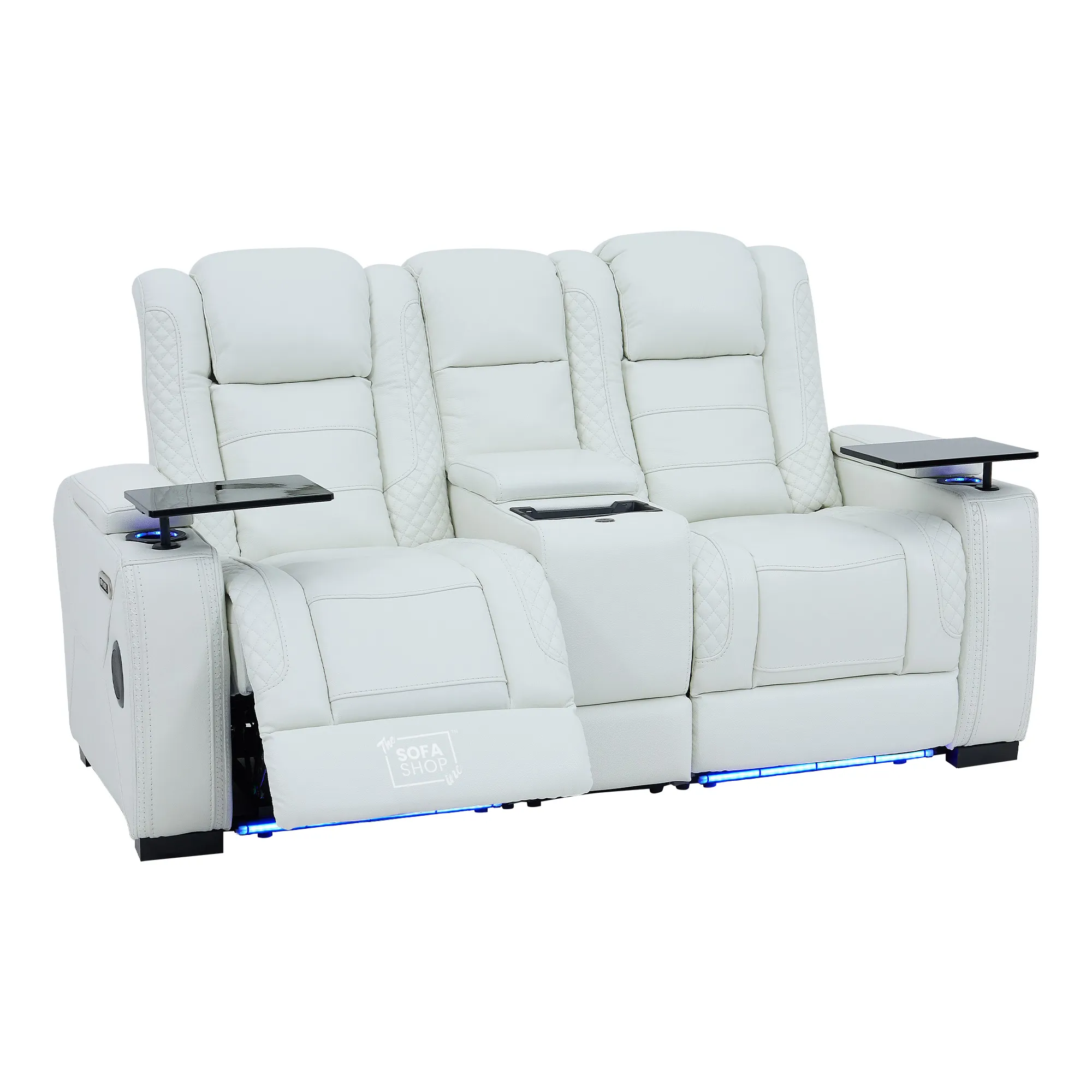 2 Seater Cinema Sofa in White Genuine Leather | Hi-Tech Couch with Power Recline + Power Headrests + Sockets + Speakers + Cooling Cupholders | Napoli | The Sofa Shop - Image 19
