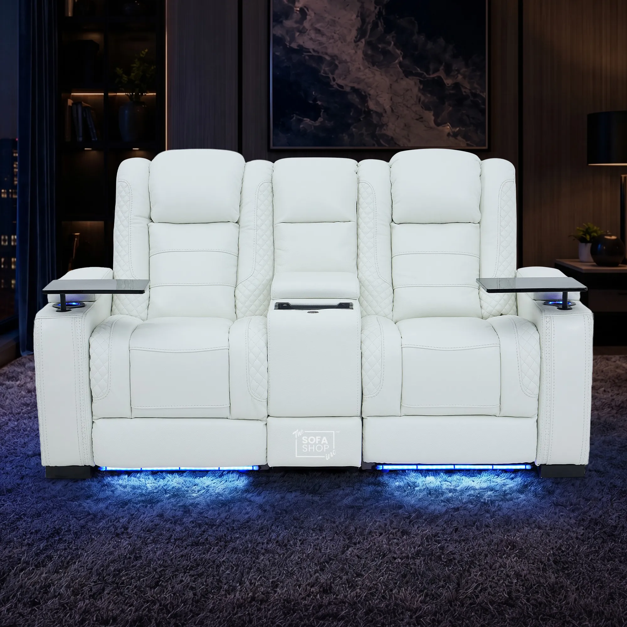 2 Seater Cinema Sofa in White Genuine Leather | Hi-Tech Couch with Power Recline + Power Headrests + Sockets + Speakers + Cooling Cupholders | Napoli | The Sofa Shop - Image 2
