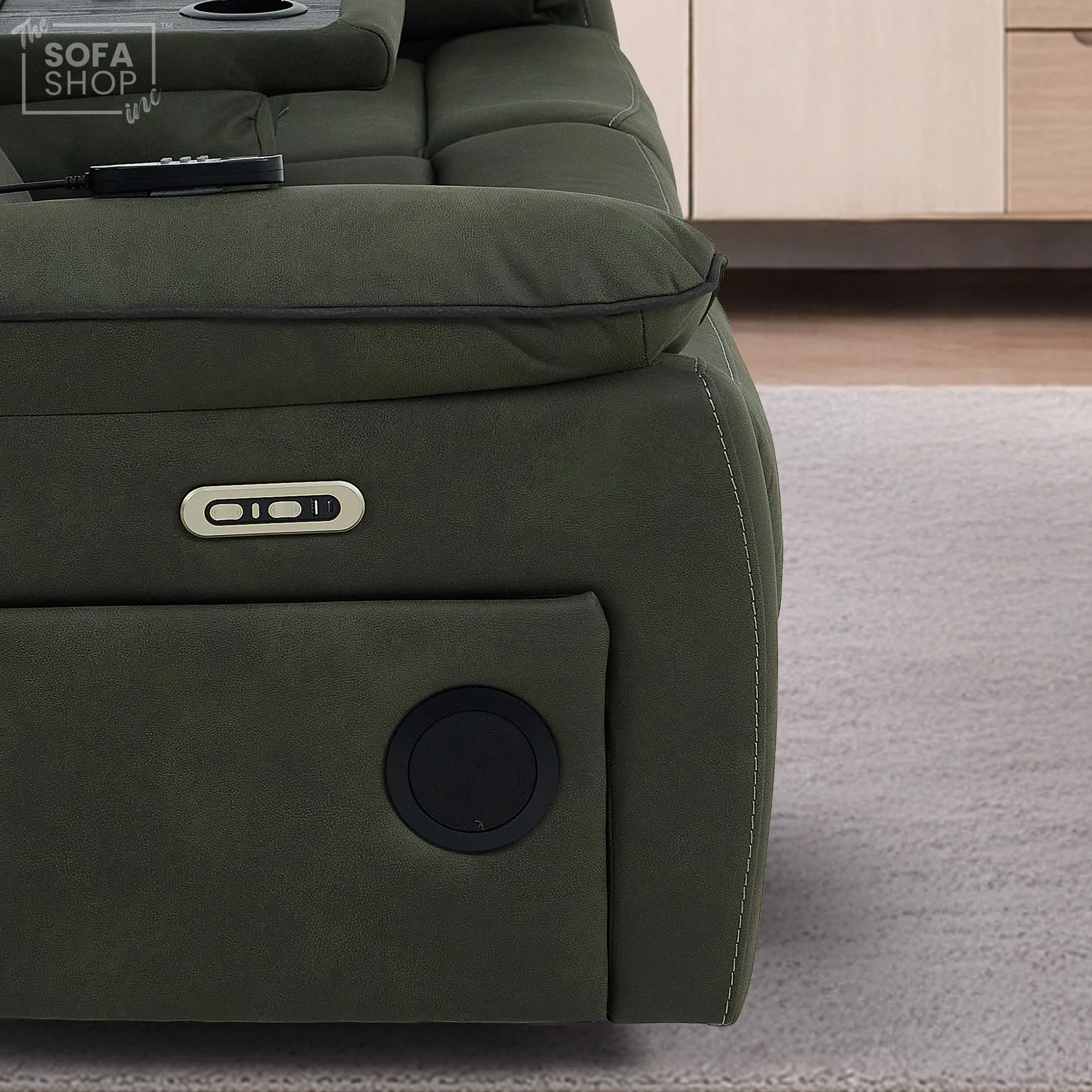 3+1 Green Fabric Electric Recliner Cinema | 2 Piece Sofa Set With Vibration Massage, Heated Lumbar, Wireless Charging & Bluetooth Speakers | Florence | The Sofa Shop - Image 25