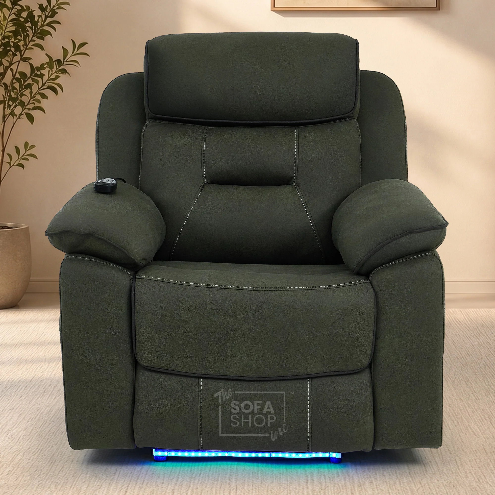 3+1 Green Fabric Electric Recliner Cinema | 2 Piece Sofa Set With Vibration Massage, Heated Lumbar, Wireless Charging & Bluetooth Speakers | Florence | The Sofa Shop - Image 5