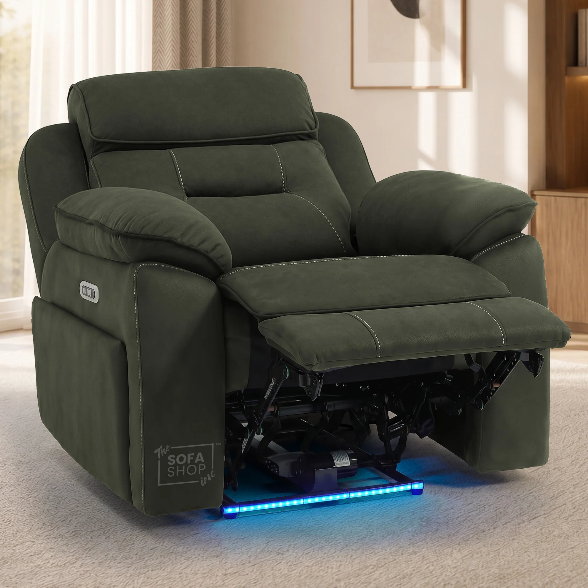 3+1 Green Fabric Electric Recliner Cinema | 2 Piece Sofa Set With Vibration Massage, Heated Lumbar, Wireless Charging & Bluetooth Speakers | Florence | The Sofa Shop - Image 7