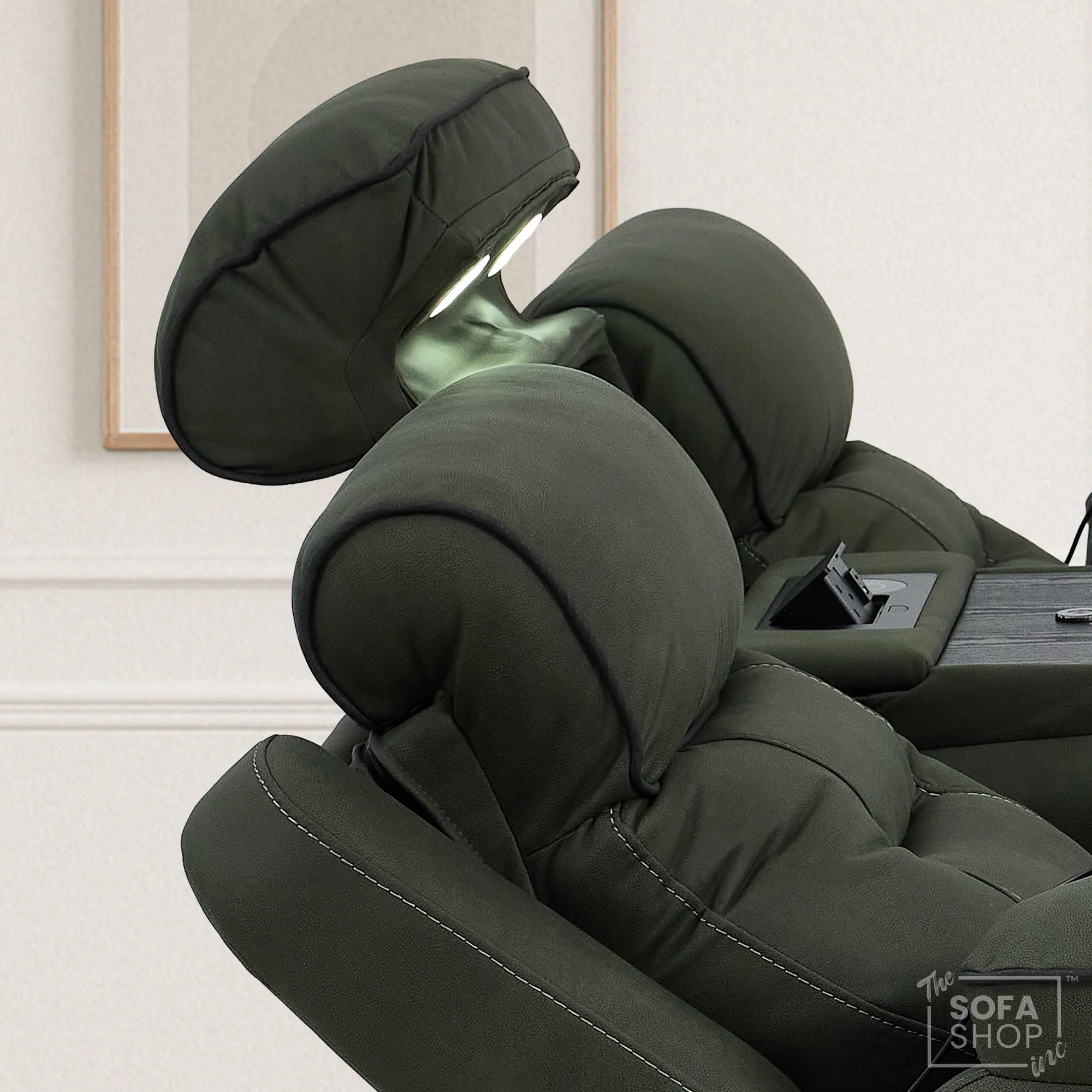 3+1 Green Fabric Electric Recliner Cinema | 2 Piece Sofa Set With Vibration Massage, Heated Lumbar, Wireless Charging & Bluetooth Speakers | Florence | The Sofa Shop - Image 9