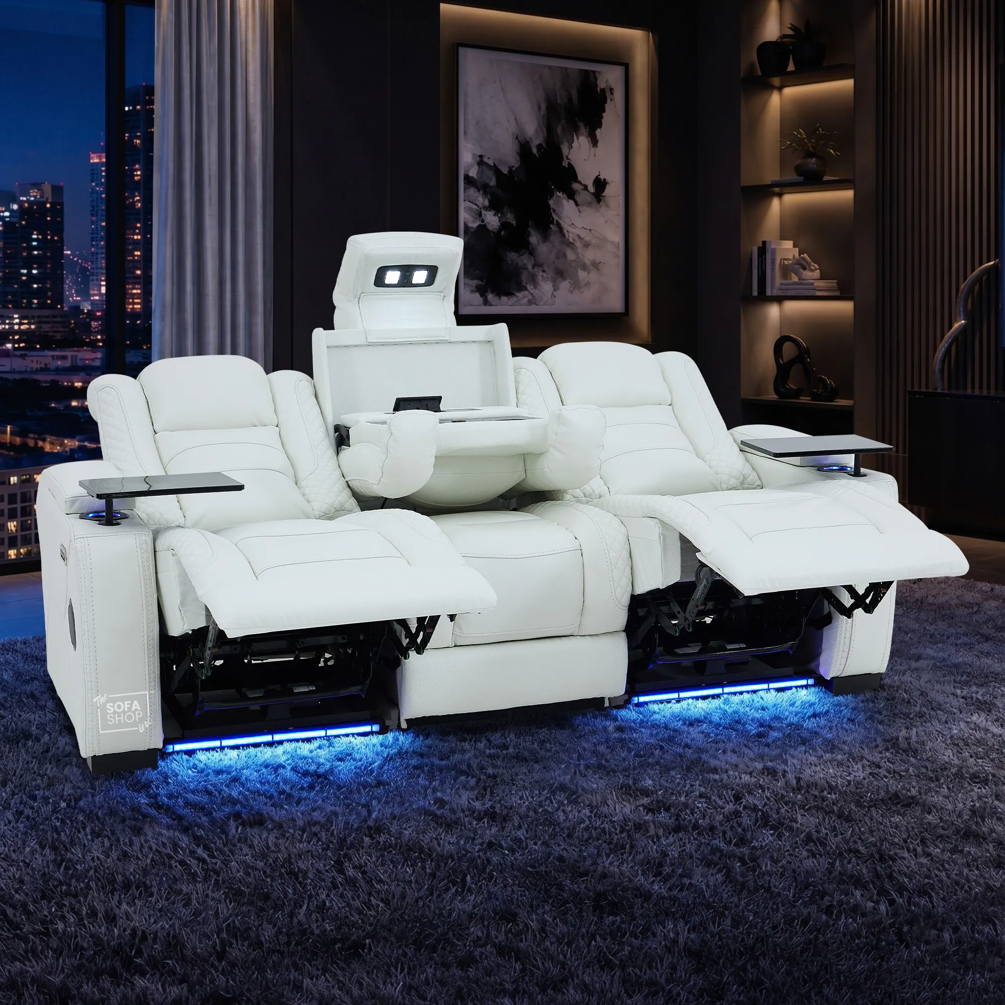3+1 Real Leather Electric Recliner Cinema Sofa Set in White | Hi-Tech Sofa Suite with Power Recline, Power Headrests, Wireless Charging, Heat & Cool Cupholders | Napoli | The Sofa Shop - Image 7