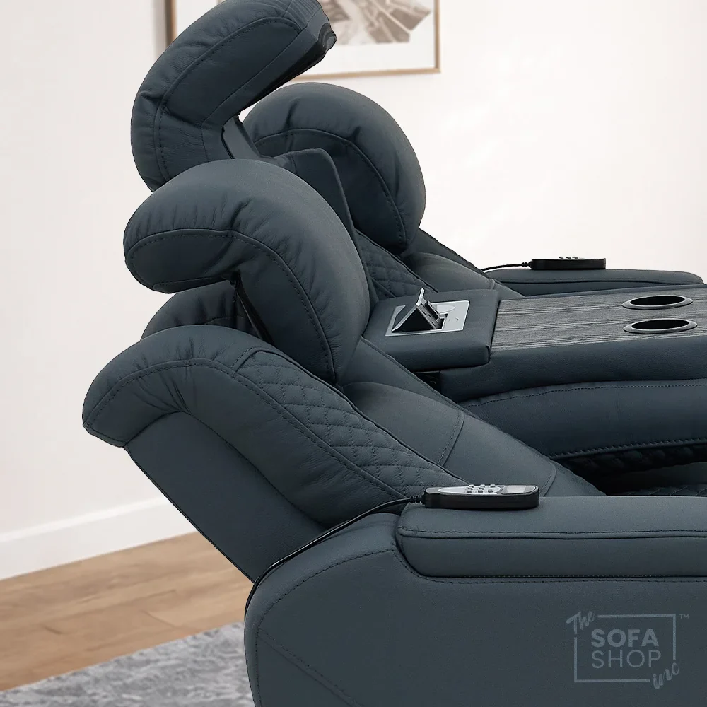 3+1 Seater Genuine Leather Recliner Cinema Sofa Set with Massage, Drop-Down Table, Cup Holders, LED Reading Light, Power Recliner, USB Ports, Socket Set & Storage | Blue Leather | Napoli - Image 10