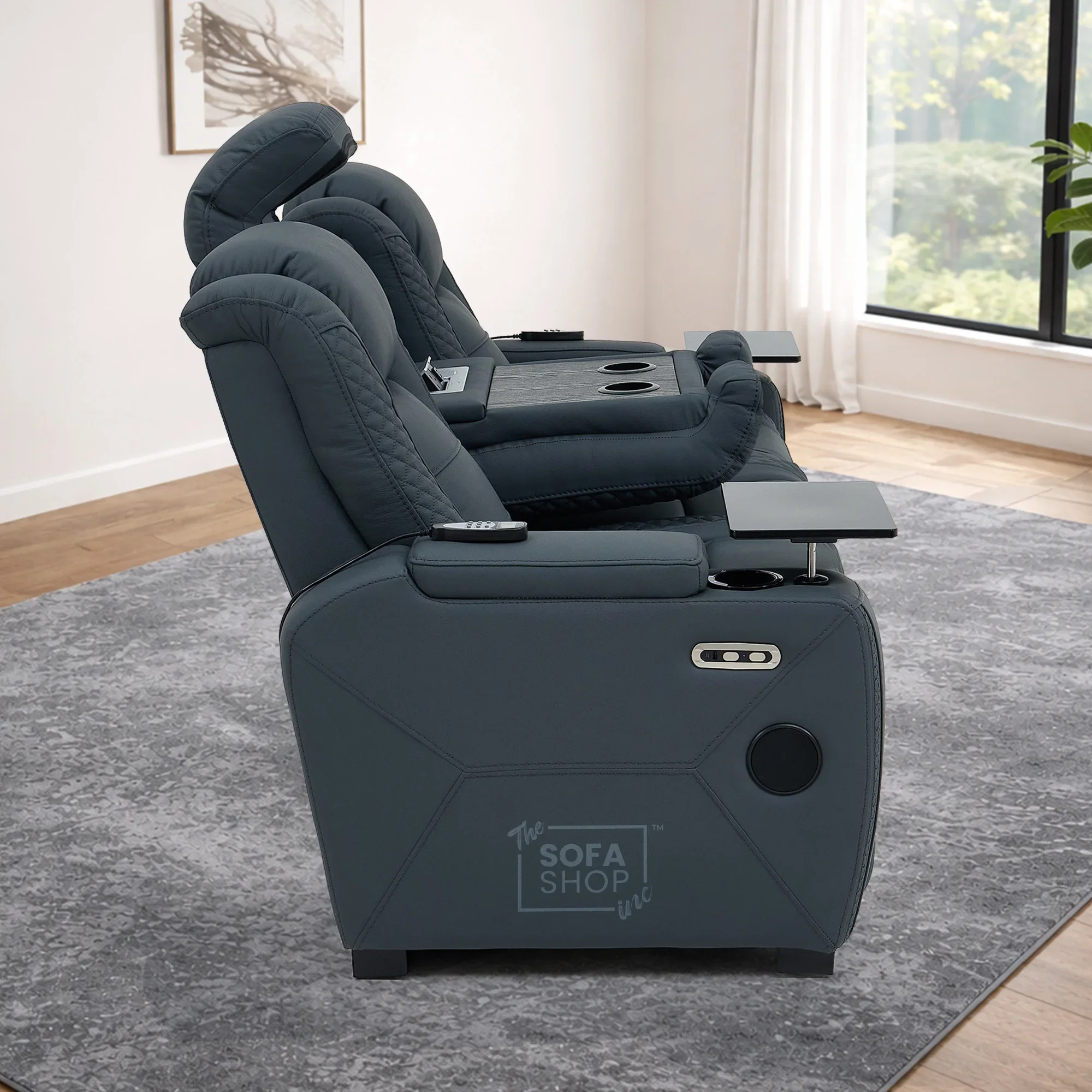 3+1 Seater Genuine Leather Recliner Cinema Sofa Set with Massage, Drop-Down Table, Cup Holders, LED Reading Light, Power Recliner, USB Ports, Socket Set & Storage | Blue Leather | Napoli - Image 12