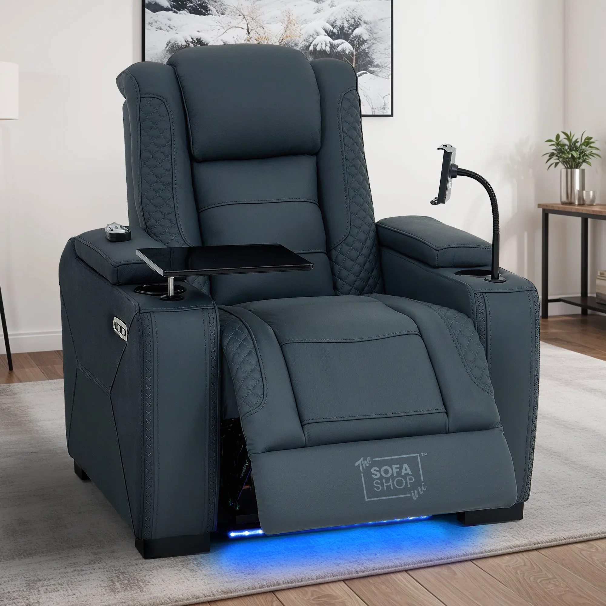 3+1 Seater Genuine Leather Recliner Cinema Sofa Set with Massage, Drop-Down Table, Cup Holders, LED Reading Light, Power Recliner, USB Ports, Socket Set & Storage | Blue Leather | Napoli - Image 3