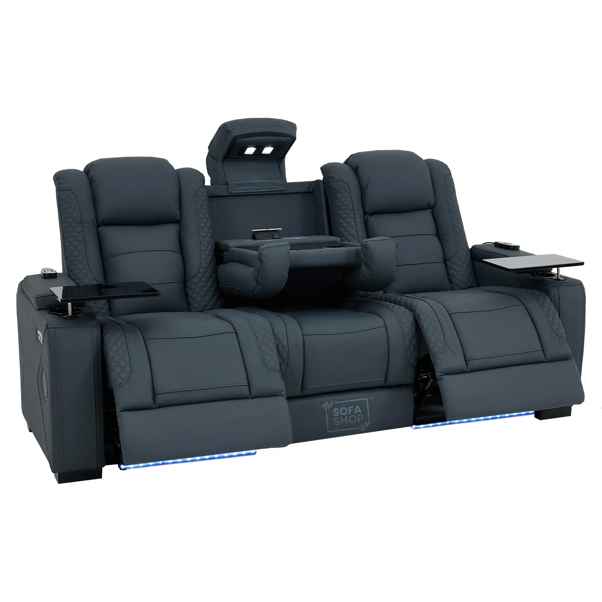 3+1 Seater Genuine Leather Recliner Cinema Sofa Set with Massage, Drop-Down Table, Cup Holders, LED Reading Light, Power Recliner, USB Ports, Socket Set & Storage | Blue Leather | Napoli - Image 34