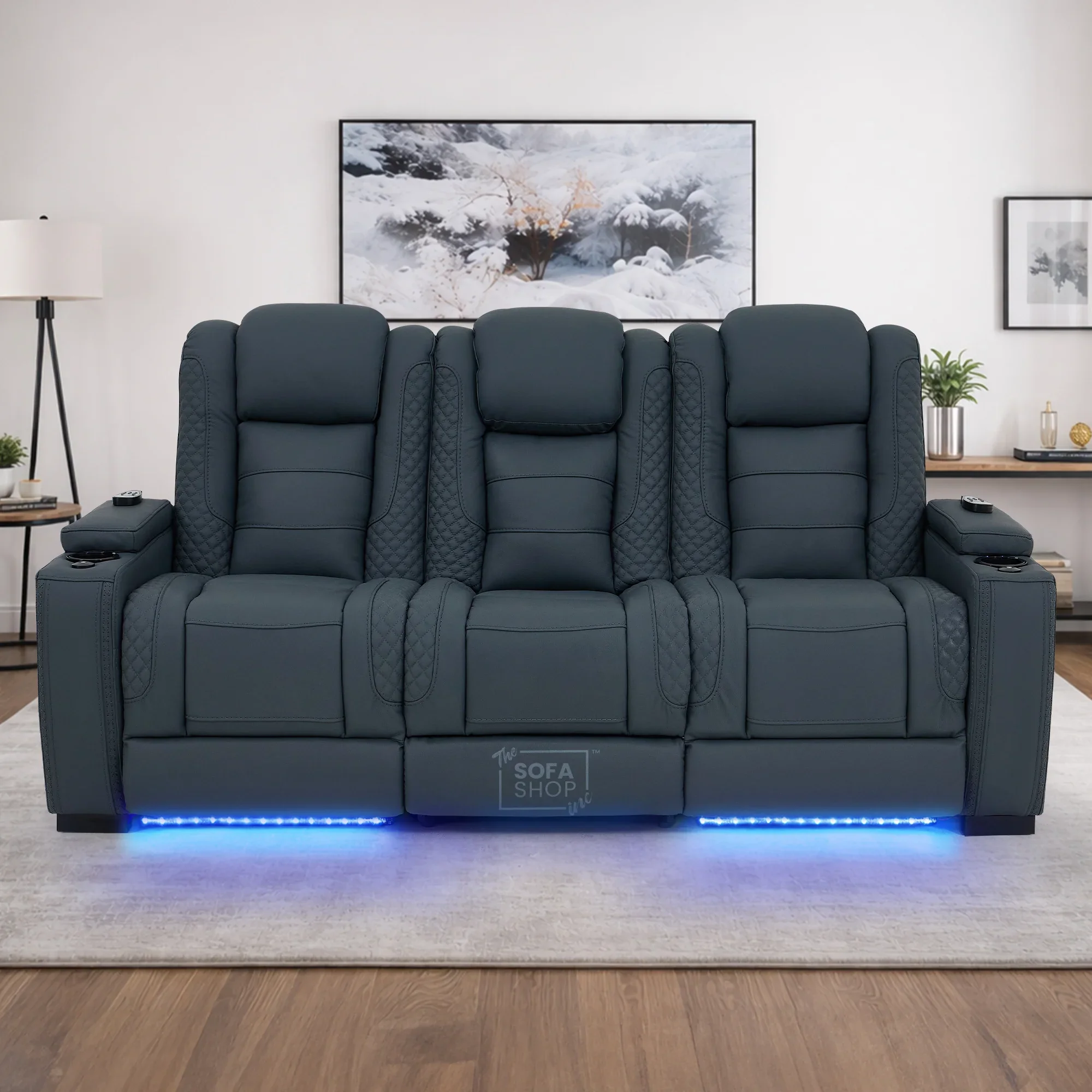 3+1 Seater Genuine Leather Recliner Cinema Sofa Set with Massage, Drop-Down Table, Cup Holders, LED Reading Light, Power Recliner, USB Ports, Socket Set & Storage | Blue Leather | Napoli - Image 4