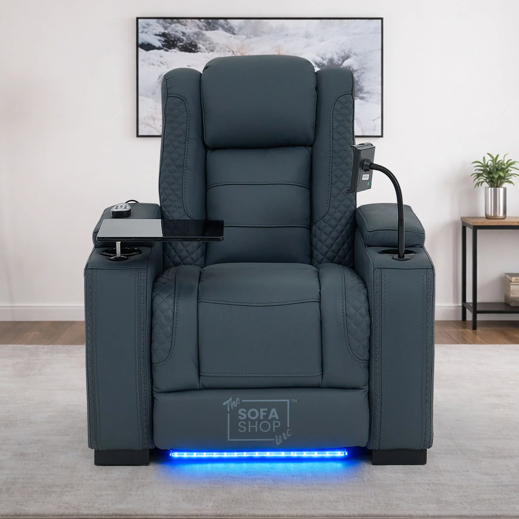 3+1 Seater Genuine Leather Recliner Cinema Sofa Set with Massage, Drop-Down Table, Cup Holders, LED Reading Light, Power Recliner, USB Ports, Socket Set & Storage | Blue Leather | Napoli - Image 5