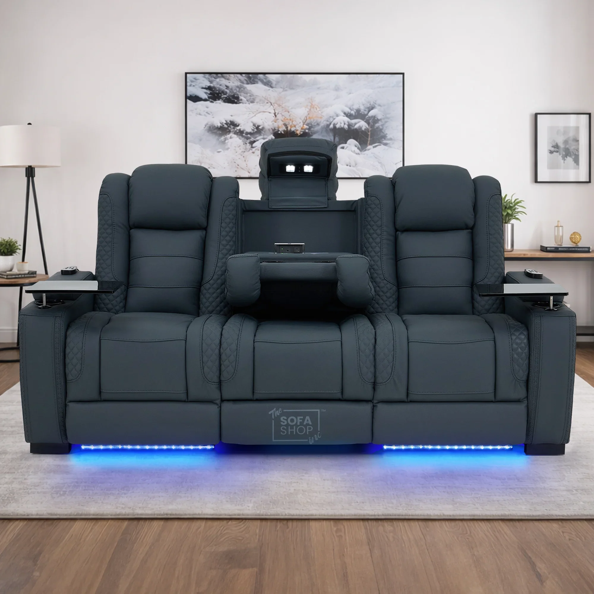 3+1 Seater Genuine Leather Recliner Cinema Sofa Set with Massage, Drop-Down Table, Cup Holders, LED Reading Light, Power Recliner, USB Ports, Socket Set & Storage | Blue Leather | Napoli - Image 6