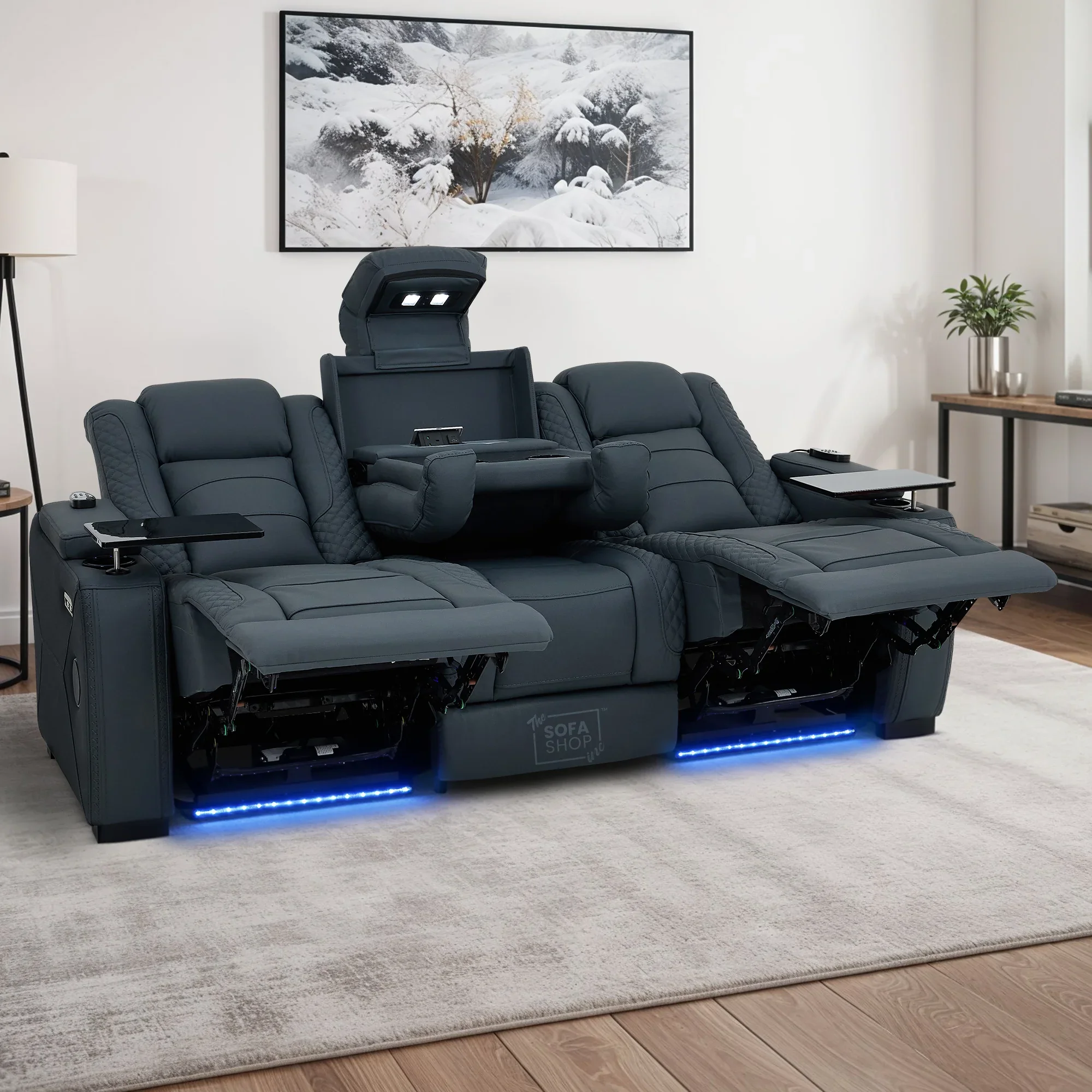 3+1 Seater Genuine Leather Recliner Cinema Sofa Set with Massage, Drop-Down Table, Cup Holders, LED Reading Light, Power Recliner, USB Ports, Socket Set & Storage | Blue Leather | Napoli - Image 7