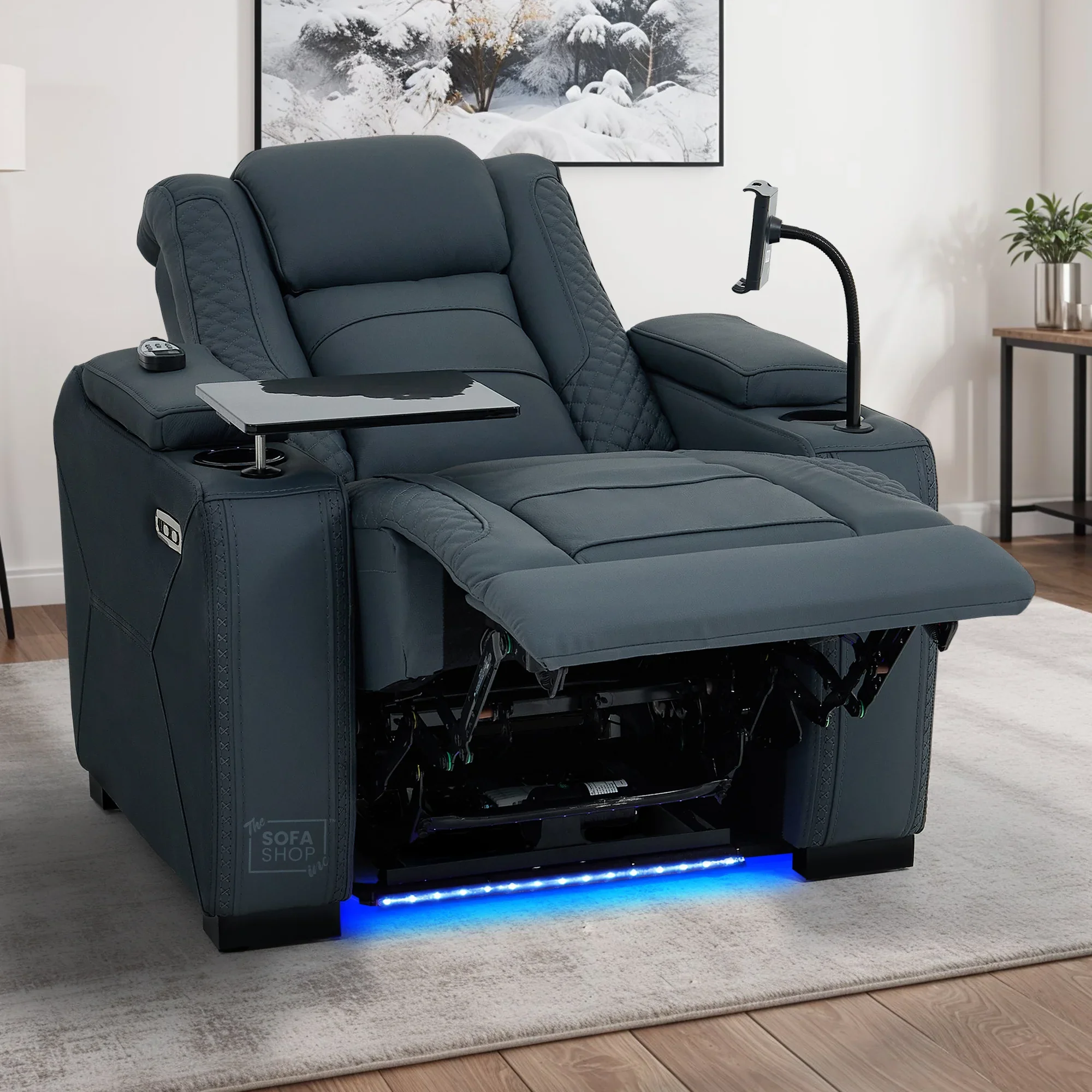 3+1 Seater Genuine Leather Recliner Cinema Sofa Set with Massage, Drop-Down Table, Cup Holders, LED Reading Light, Power Recliner, USB Ports, Socket Set & Storage | Blue Leather | Napoli - Image 8