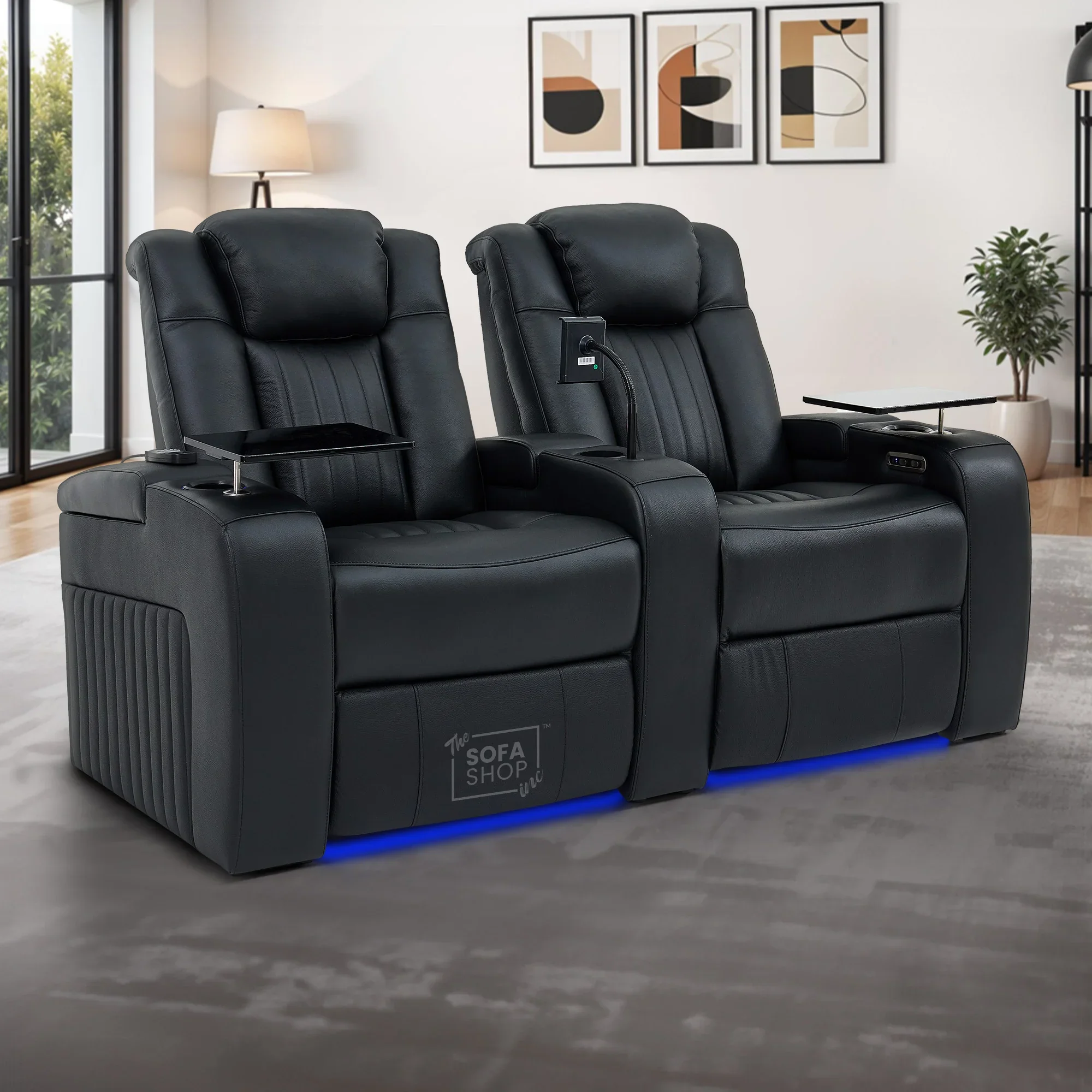 Real Leather 3+2+1 Power Reclining Sofa Set in Black | 3-Piece Cinema Sofa Suite with Console, Power Sockets, Cup Holders, Table & Massage | Capri - Image 3