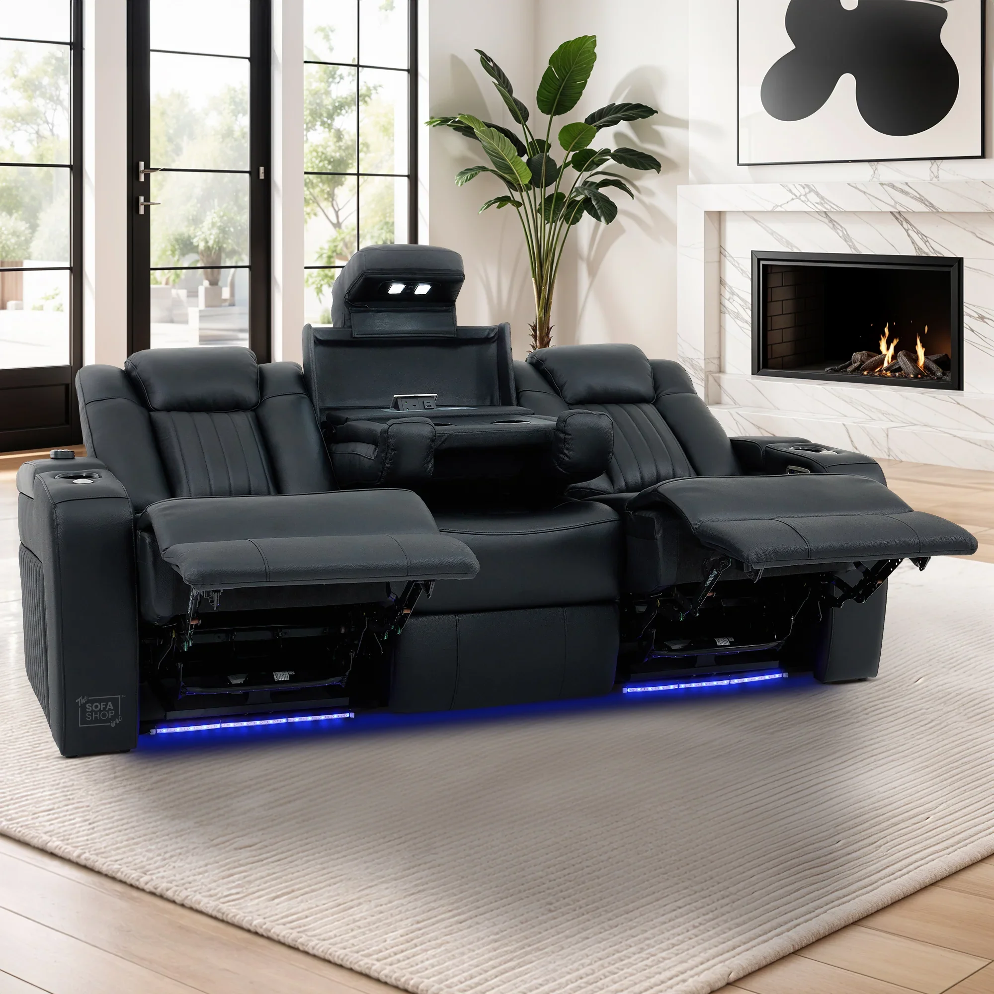 Real Leather 3+2+1 Power Reclining Sofa Set in Black | 3-Piece Cinema Sofa Suite with Console, Power Sockets, Cup Holders, Table & Massage | Capri - Image 7