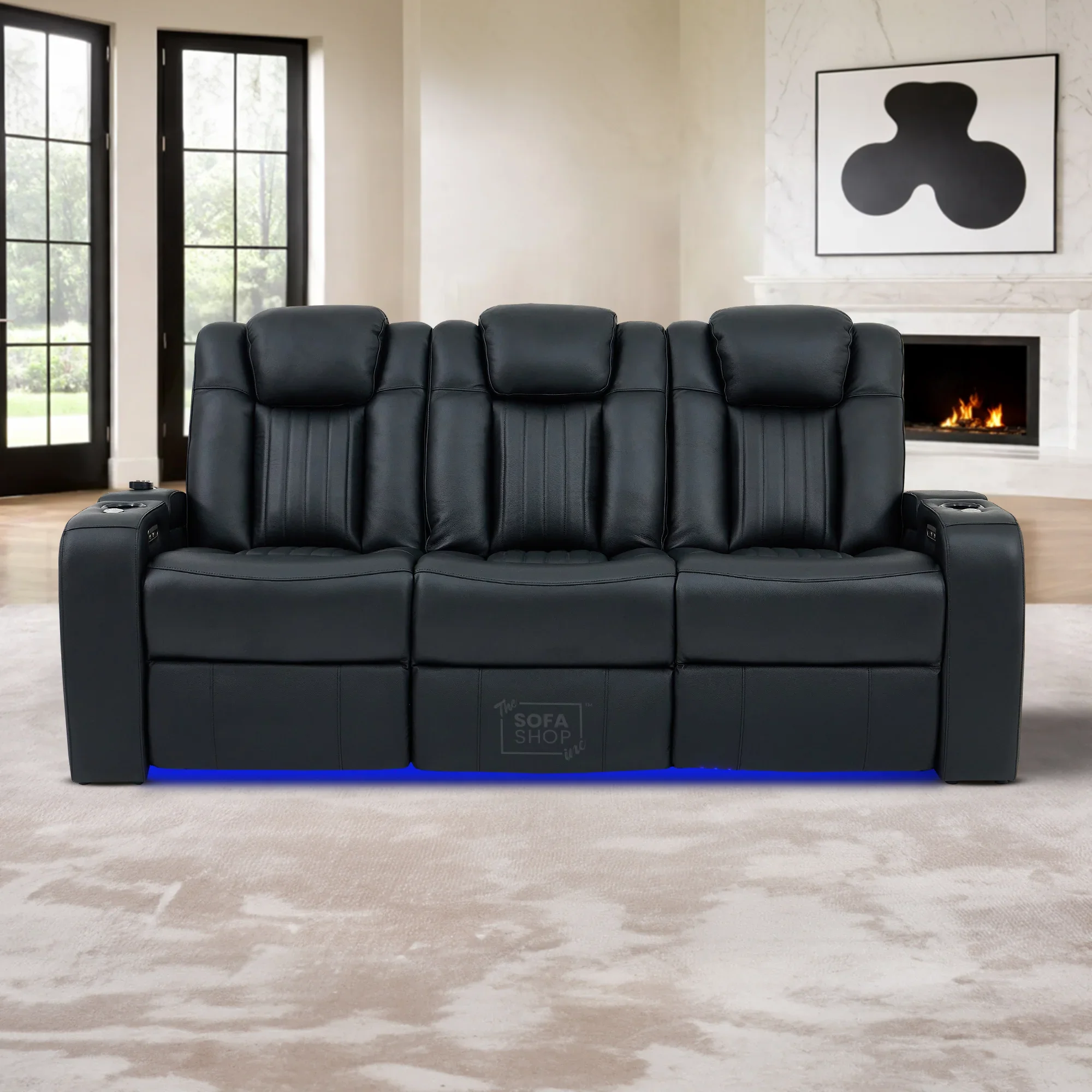 Real Leather 3+2+1 Power Reclining Sofa Set in Black | 3-Piece Cinema Sofa Suite with Console, Power Sockets, Cup Holders, Table & Massage | Capri - Image 9