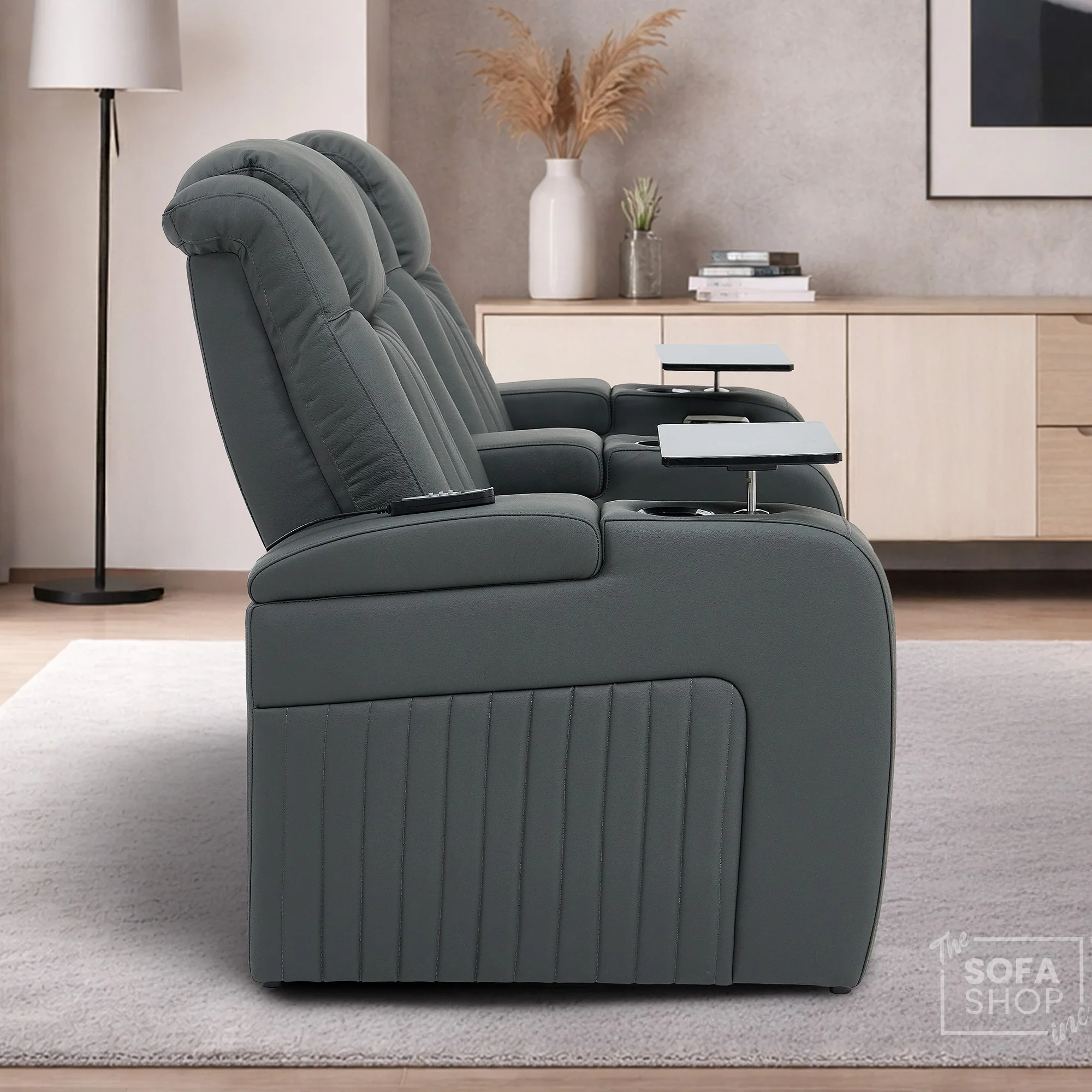 Real Leather 3+2+1 Piece Electric Home Cinema Theatre Sofa Set | Couch Suite Package in Grey + Massage + Heating + Power Recliners + Wireless Charging | Capri - Image 17