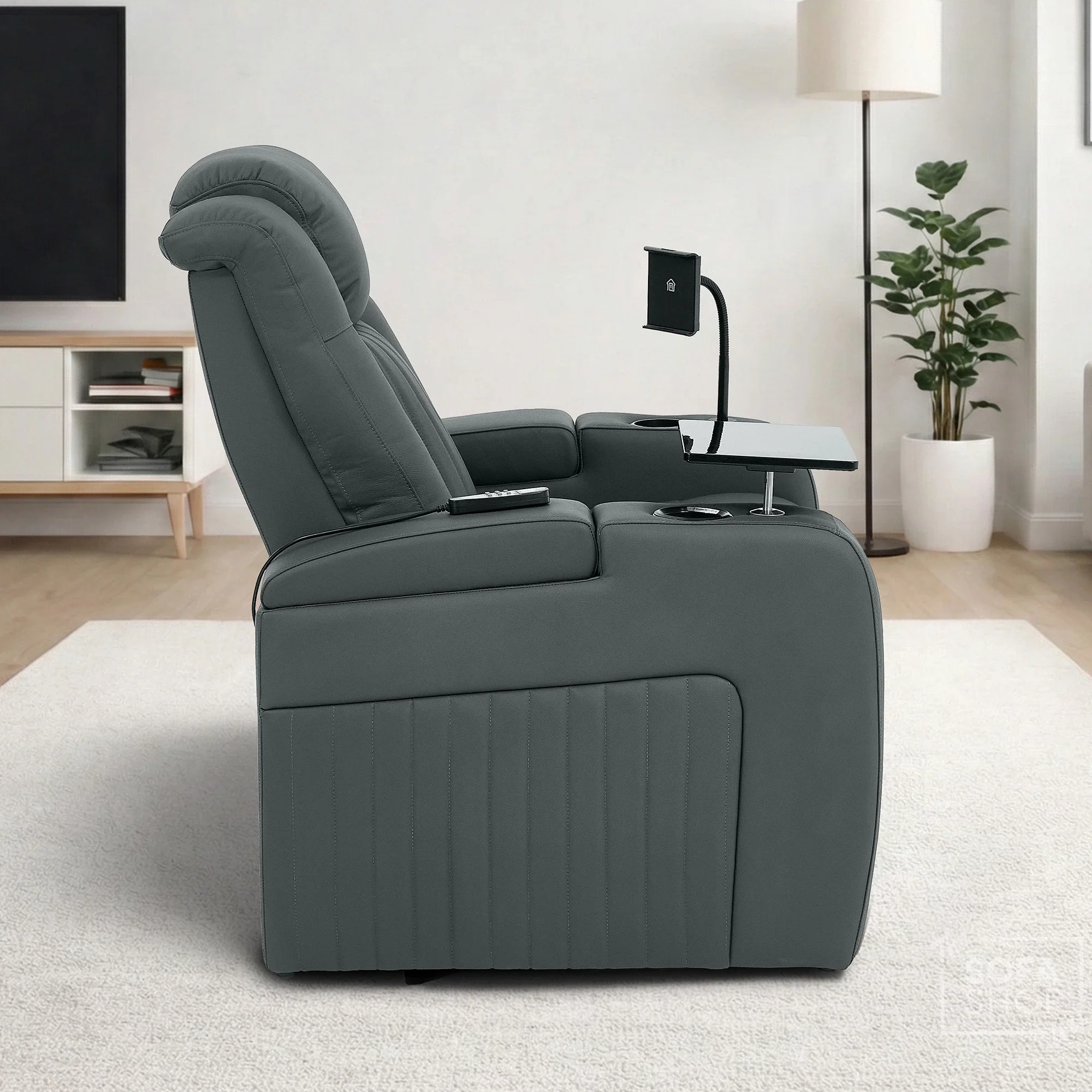 Real Leather 3+2+1 Piece Electric Home Cinema Theatre Sofa Set | Couch Suite Package in Grey + Massage + Heating + Power Recliners + Wireless Charging | Capri - Image 18