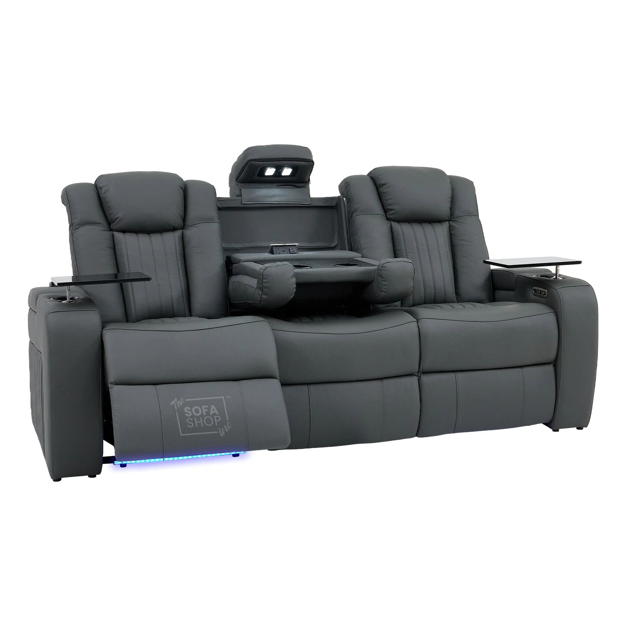 Real Leather 3+2+1 Piece Electric Home Cinema Theatre Sofa Set | Couch Suite Package in Grey + Massage + Heating + Power Recliners + Wireless Charging | Capri - Image 34