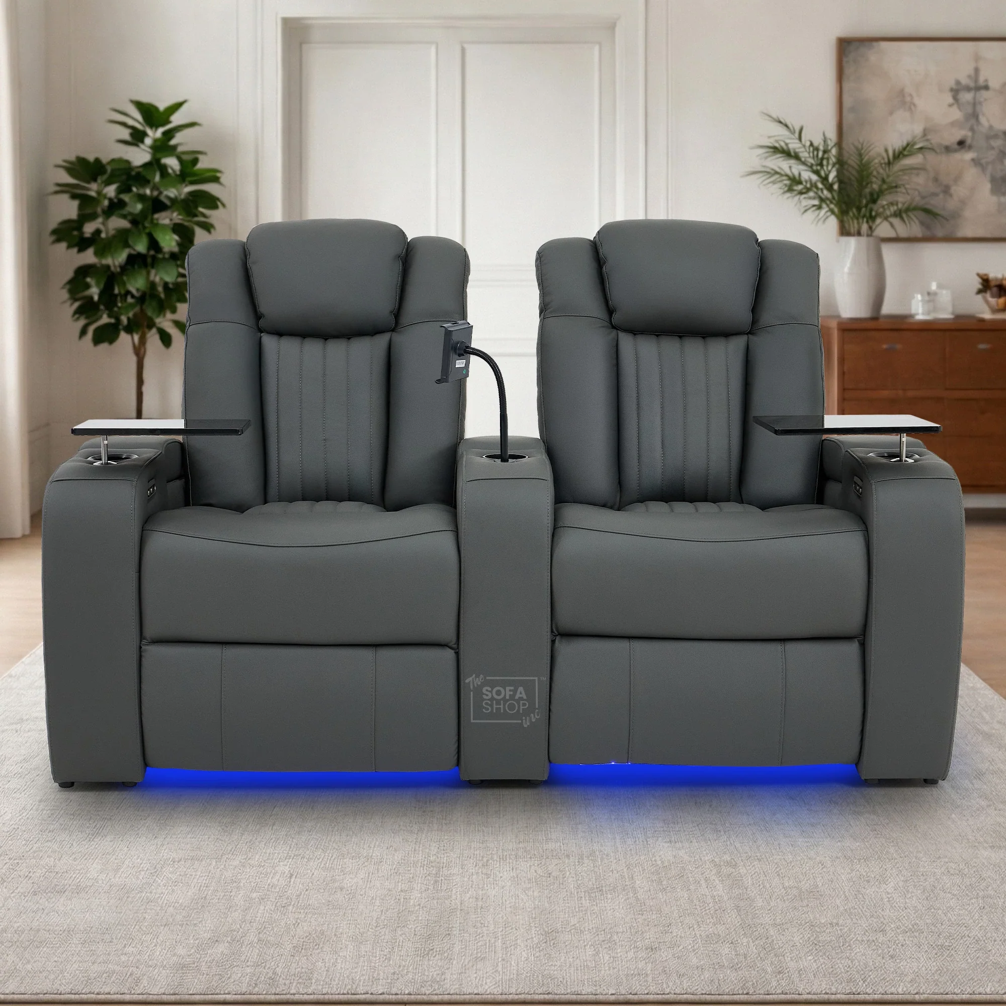 Real Leather 3+2+1 Piece Electric Home Cinema Theatre Sofa Set | Couch Suite Package in Grey + Massage + Heating + Power Recliners + Wireless Charging | Capri - Image 6