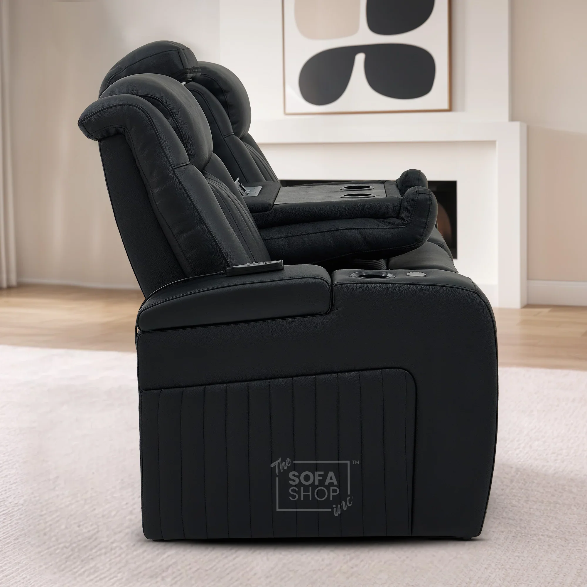 3+2 Modern Reclining Sofa Suite in Black Real Leather | Hi-Tech Sofa with Massage, Heated Lumbar, Wireless Charging, LED Lights & Removable Tables | Capri - Image 10
