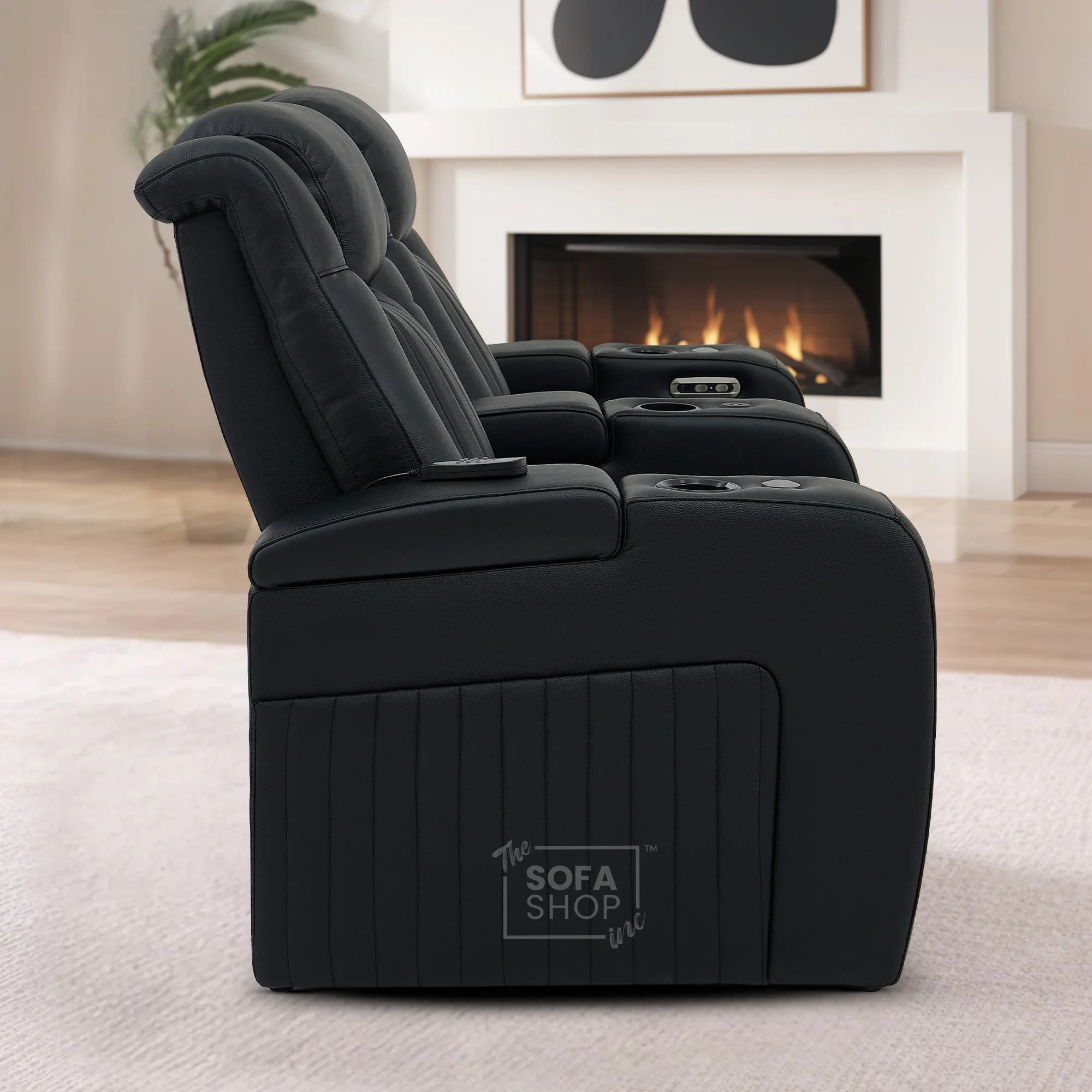 3+2 Modern Reclining Sofa Suite in Black Real Leather | Hi-Tech Sofa with Massage, Heated Lumbar, Wireless Charging, LED Lights & Removable Tables | Capri - Image 11