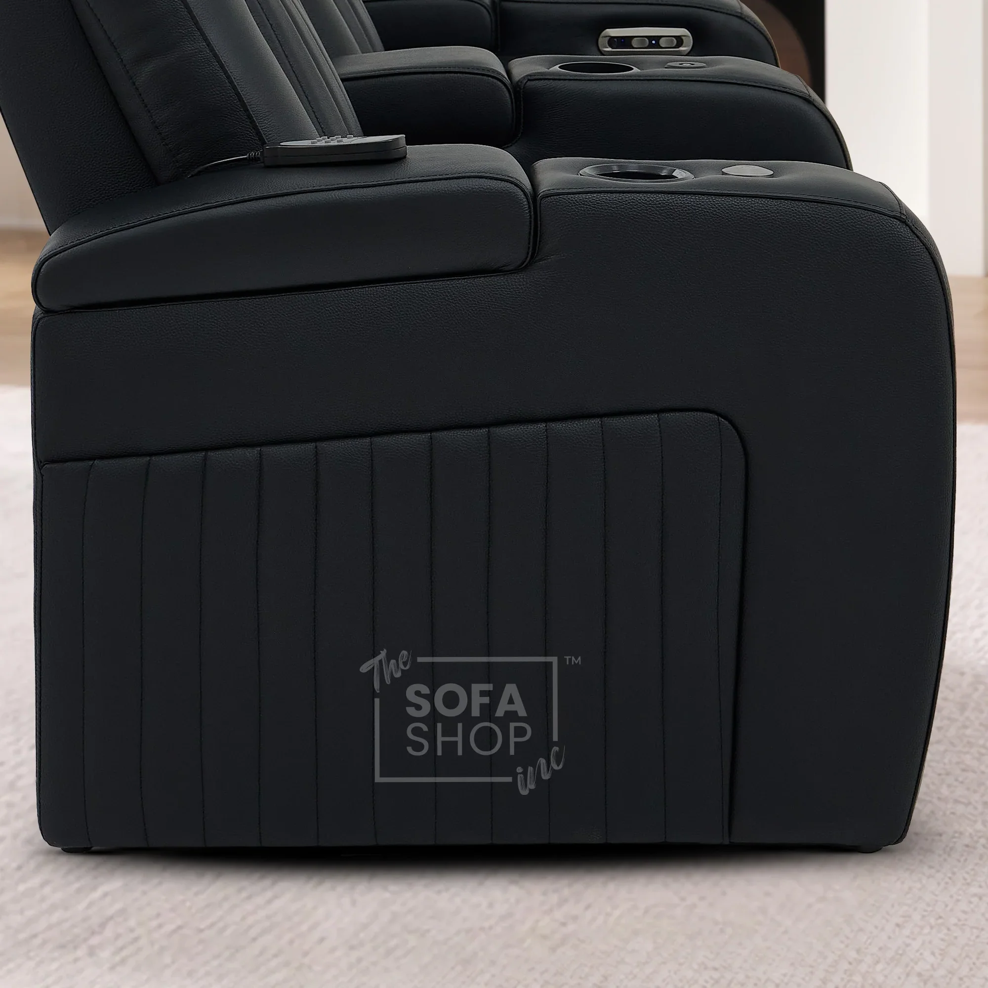 3+2 Modern Reclining Sofa Suite in Black Real Leather | Hi-Tech Sofa with Massage, Heated Lumbar, Wireless Charging, LED Lights & Removable Tables | Capri - Image 25