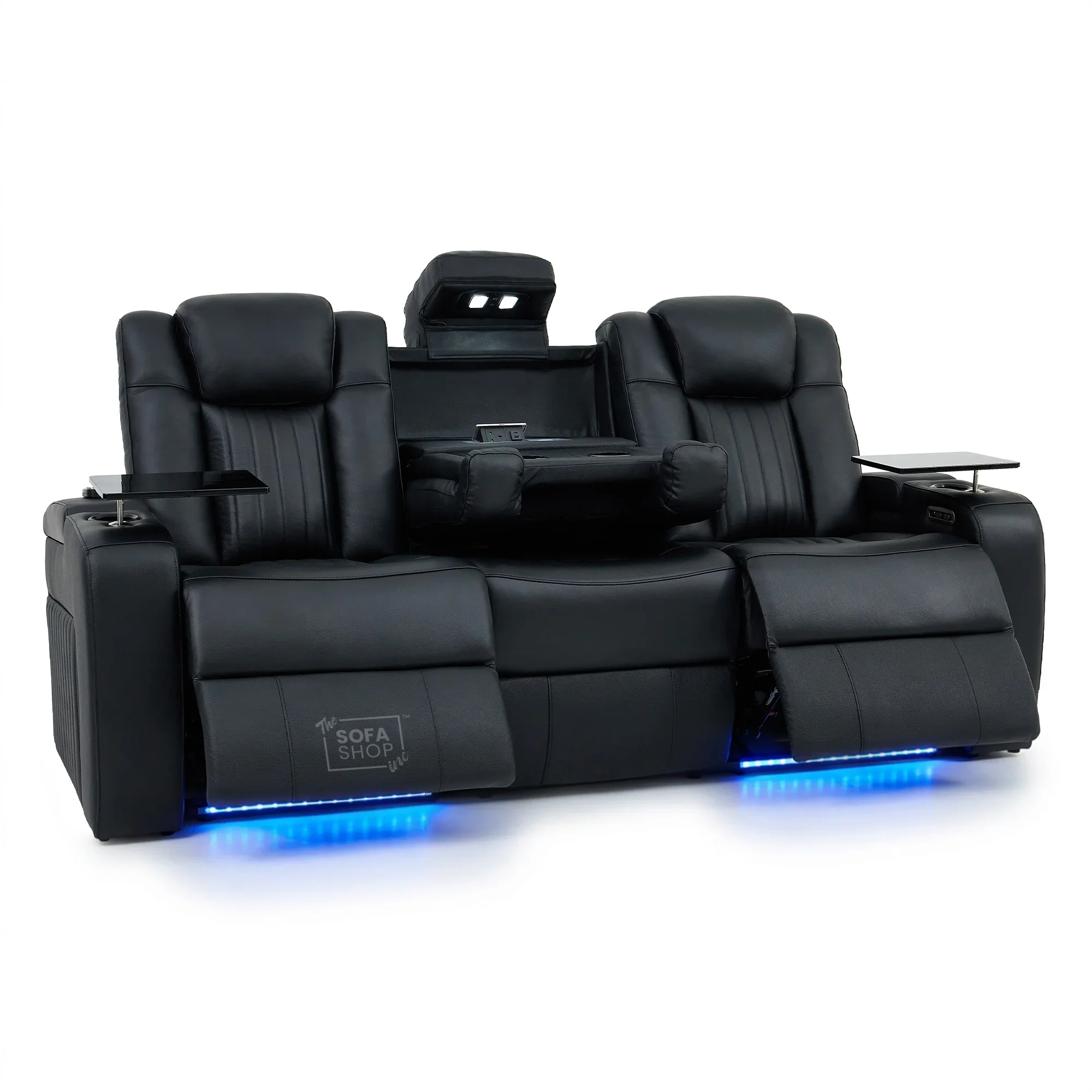 3+2 Modern Reclining Sofa Suite in Black Real Leather | Hi-Tech Sofa with Massage, Heated Lumbar, Wireless Charging, LED Lights & Removable Tables | Capri - Image 28