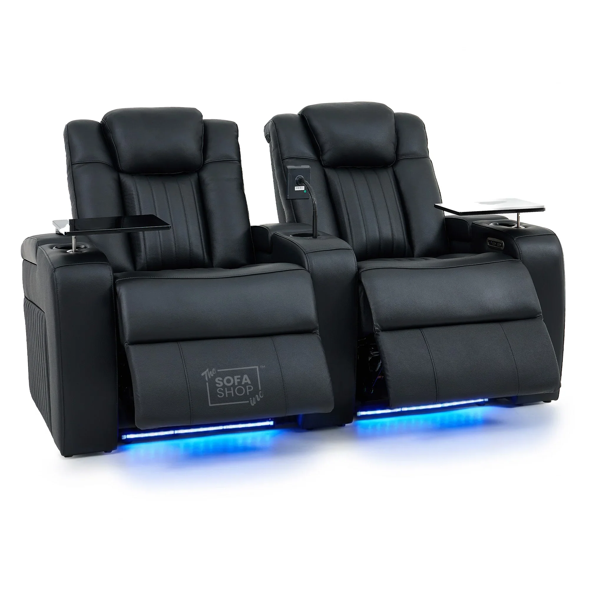 3+2 Modern Reclining Sofa Suite in Black Real Leather | Hi-Tech Sofa with Massage, Heated Lumbar, Wireless Charging, LED Lights & Removable Tables | Capri - Image 29